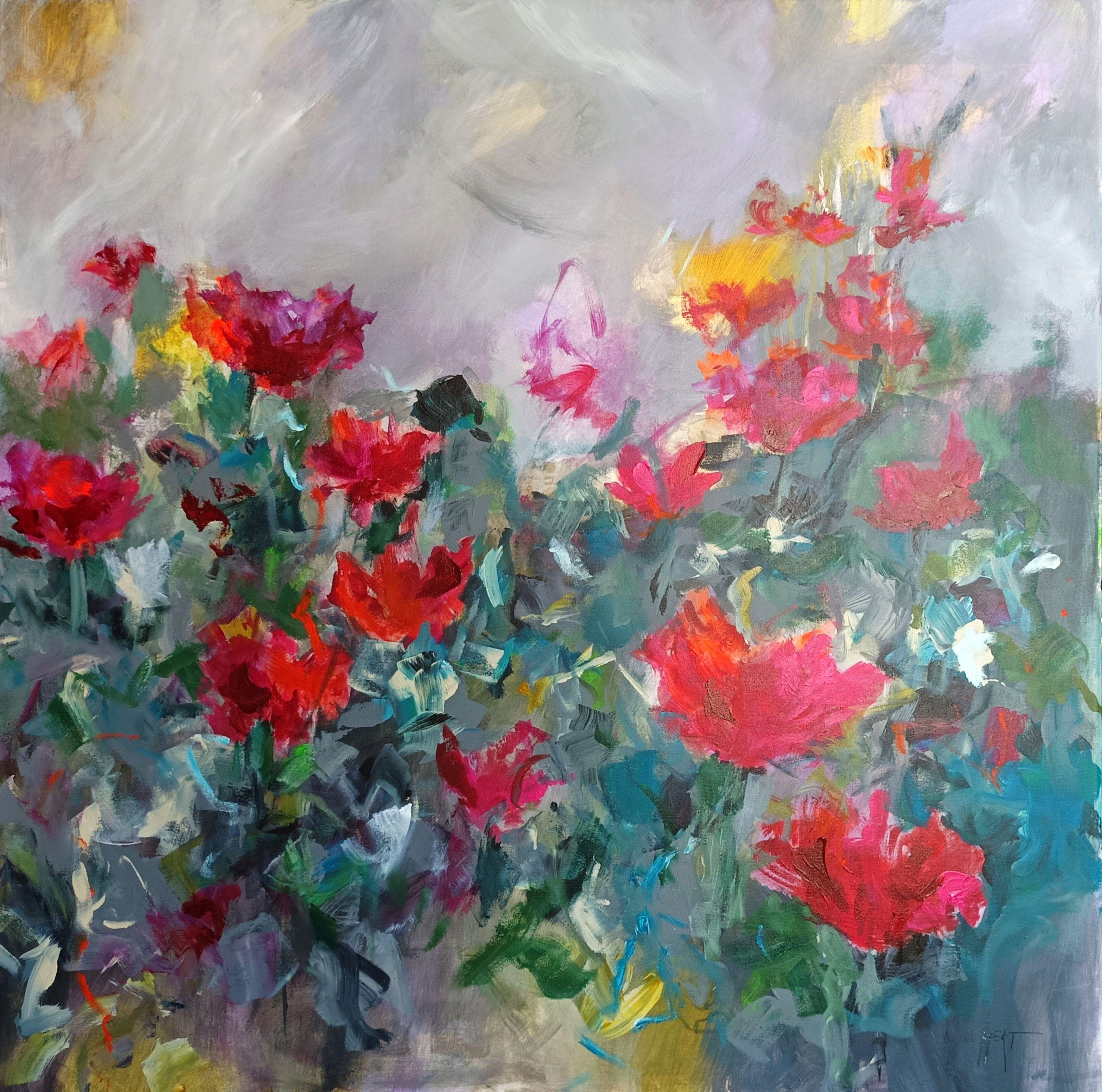 Flower Field ist a large acrylic painting in glowing colors. The grey in the paintings really highlights the brillant reds.    The work is ready to hang and signed on the front, the sides are painted light grey.    100 x 100 x 2 cm / 39.4 x 39.4 x