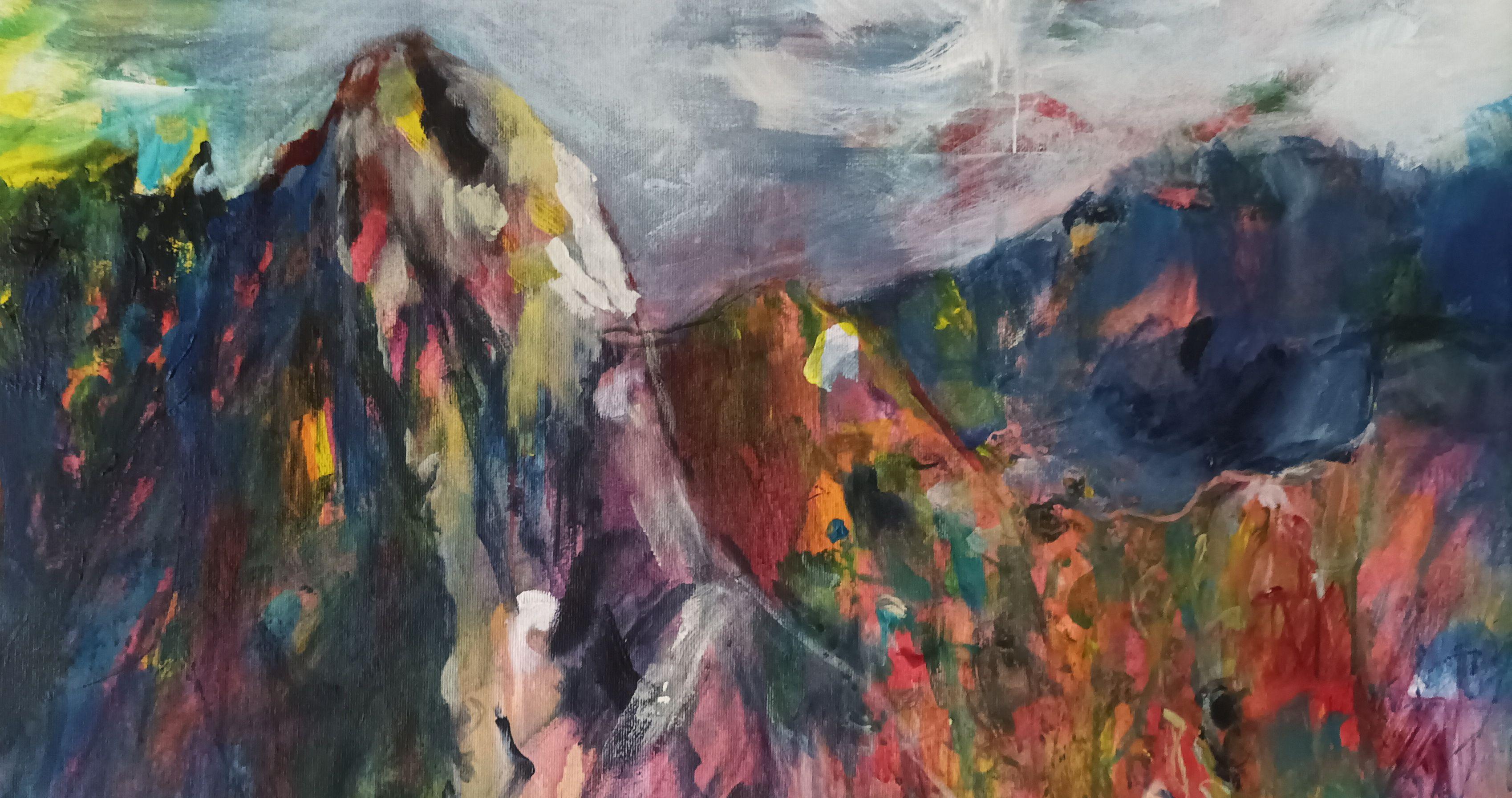 Gimpel è un moderno dipinto di montagna (paesaggio astratto) ispirato a un'escursione nella zona in cui vivo.    Si tratta di un'opera d'arte unica realizzata con colori acrilici.  Ho dipinto su una tela profonda.  I lati della tela non sono