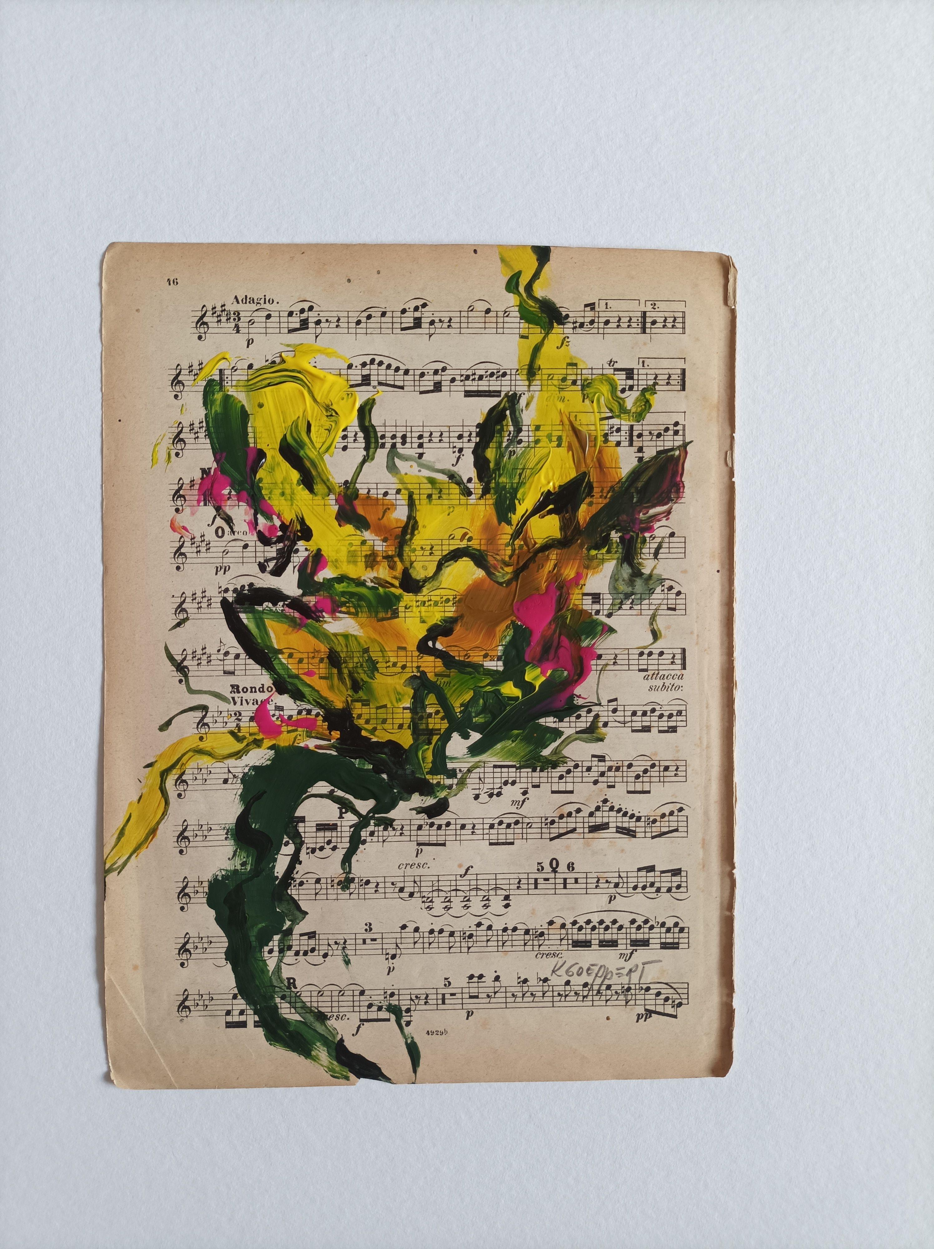 Una pintura floral sobre papel de música envejecido y amarillento.    Hay que enmarcar esta obra.    La hoja mide unos 30 x 23 cm / 12 x 9 in :: Pintura :: Expresionismo :: Esta obra viene con un certificado oficial de autenticidad firmado por el