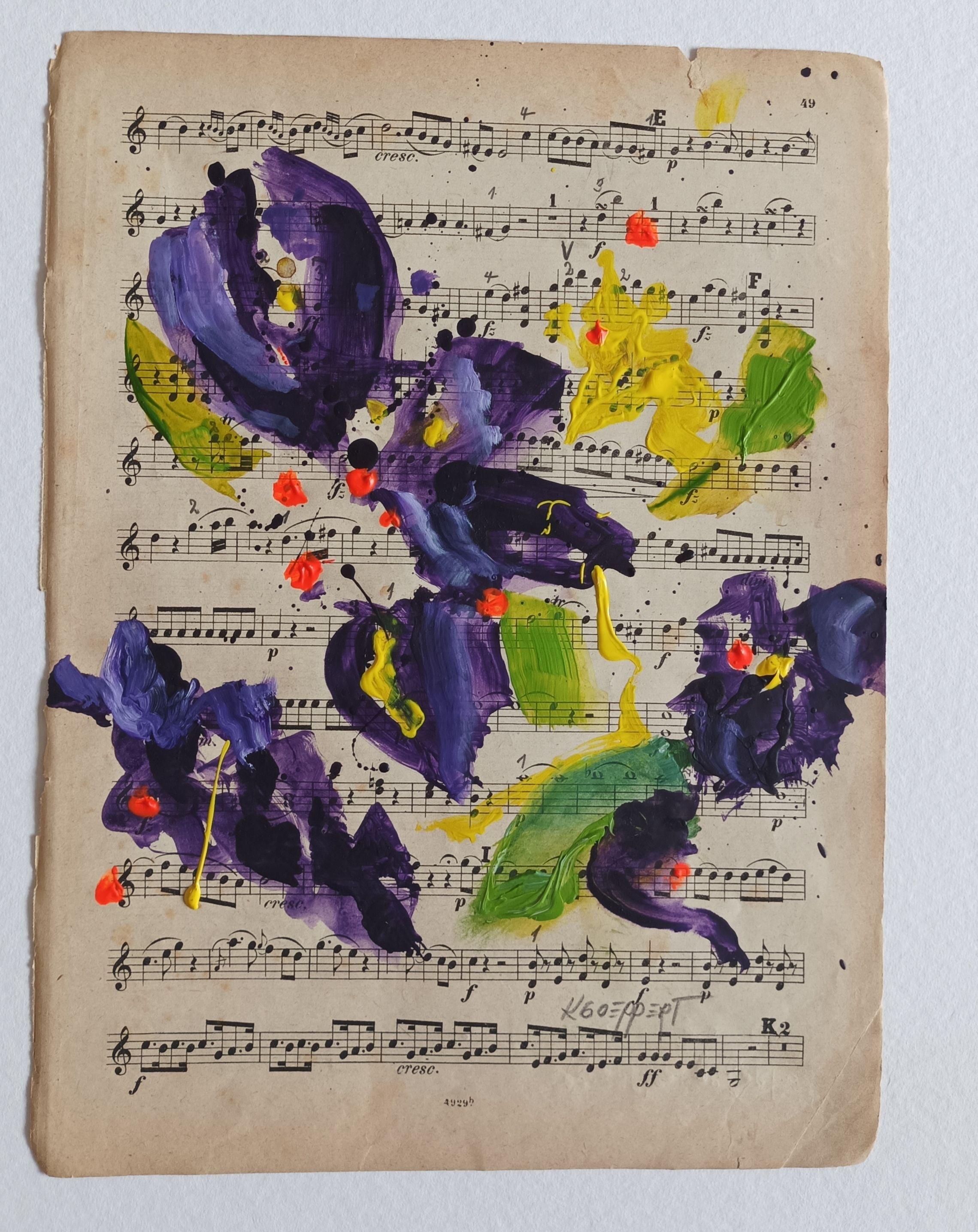 Una pintura floral sobre papel de música envejecido y amarillento.    Hay que enmarcar esta obra.    La hoja mide unos 30 x 23 cm / 12 x 9 in :: Pintura :: Expresionismo Abstracto :: Esta obra viene con un certificado oficial de autenticidad firmado