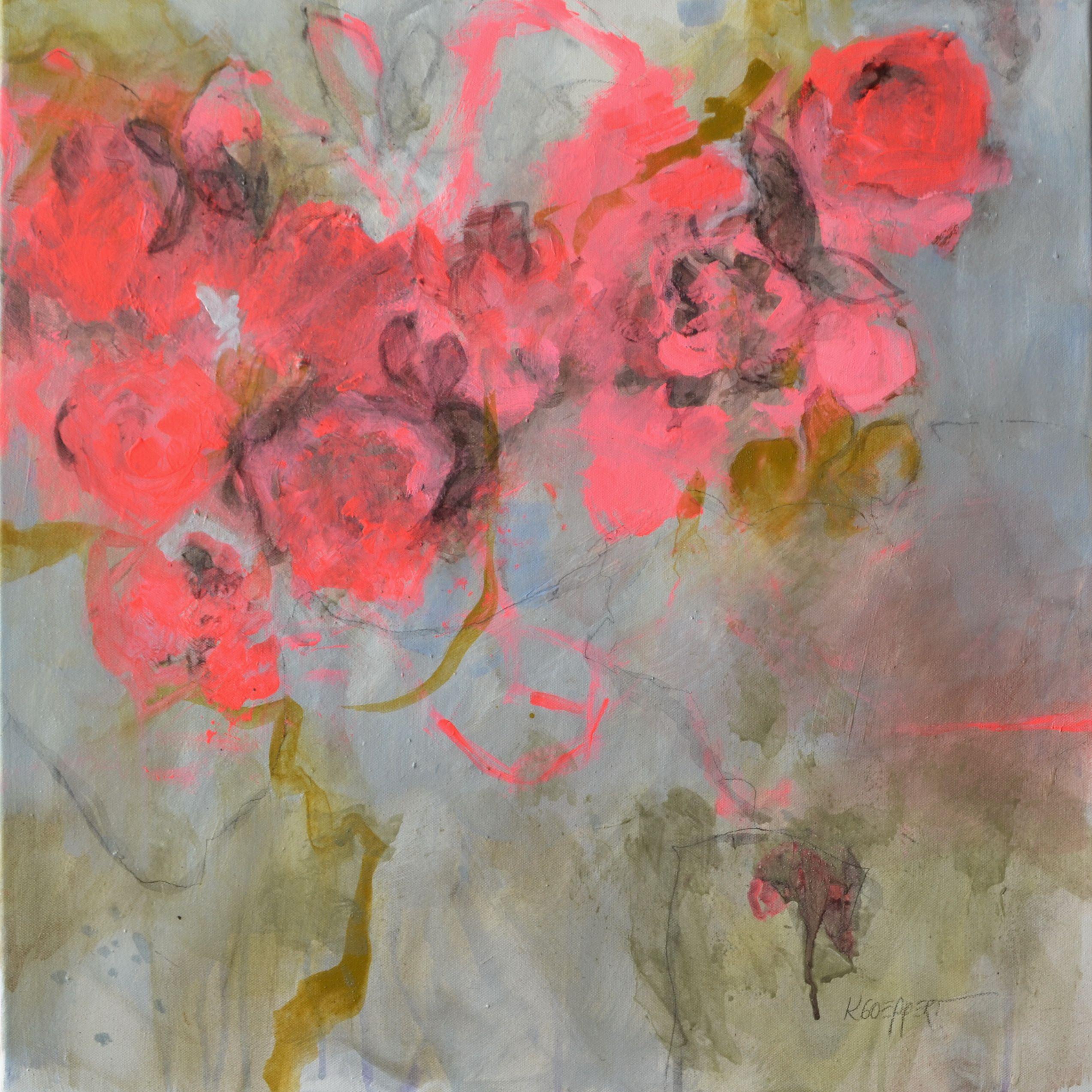 A colorful, minimalist flower painting in an expressionist style.    The actual painting is a bit lighter in the original than in the photographs you see here.    The sides are unpainted, so one can see the development of the colours.    This work