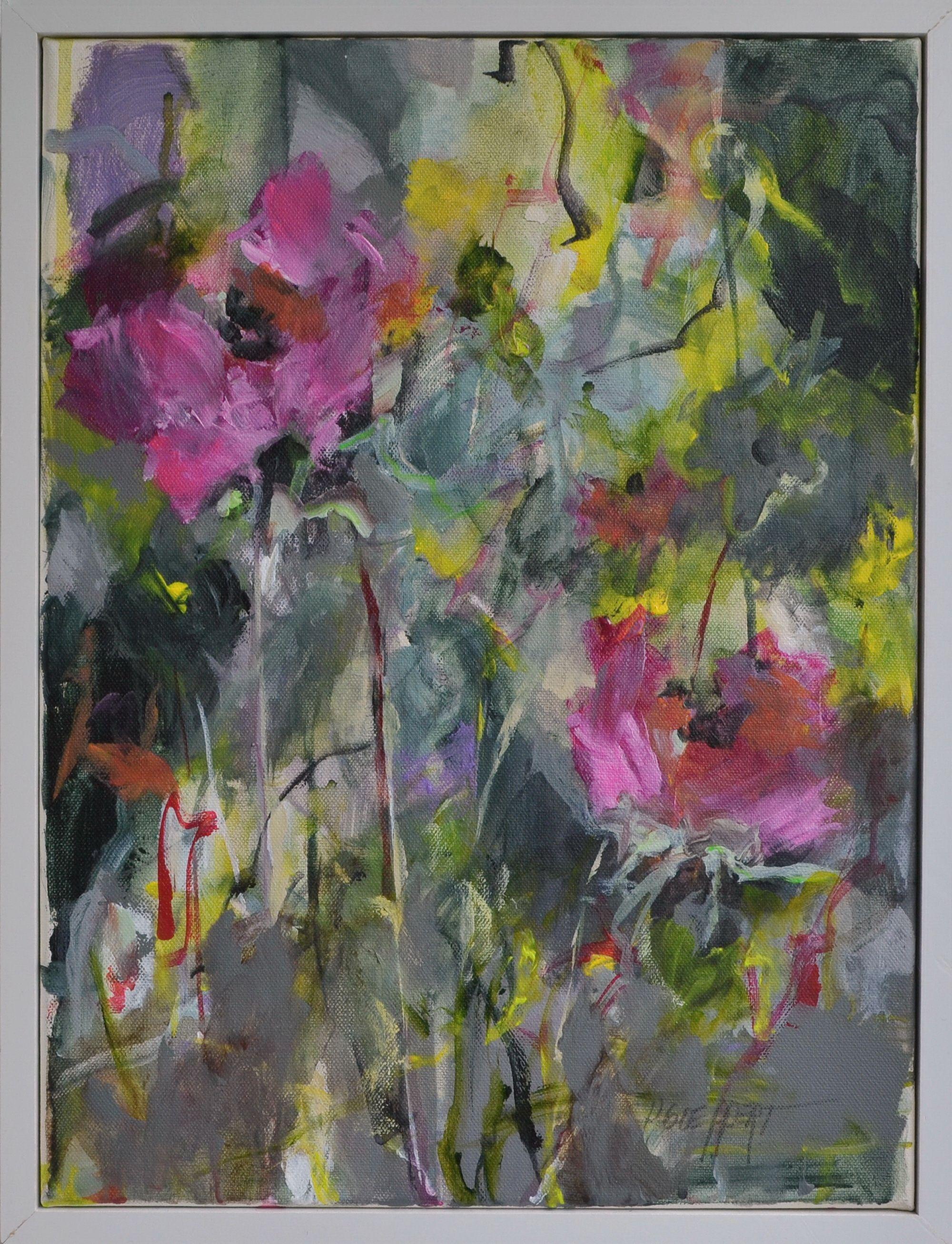 "Mayflowers II" is part of a 3-part-series of spring flowers.  The painting comes framed in a floating frame and is ready to hang.  The frame is white.    The work is signed on the front and comes with a certificate of authenticity.  The canvas is
