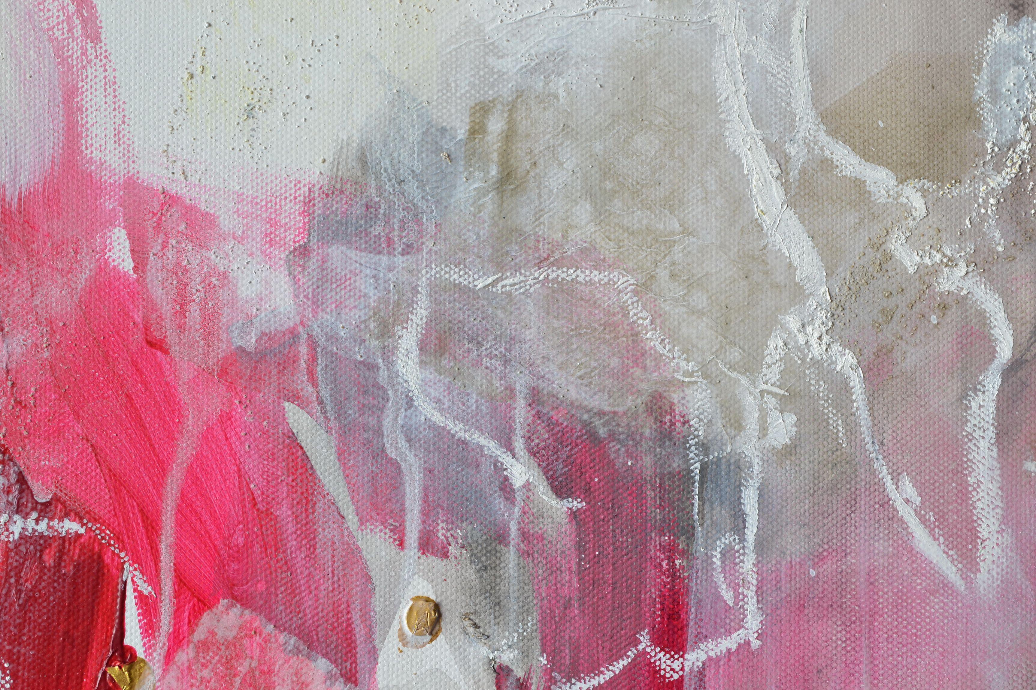 Pink Lady is an abstract work. The grey colour mutes the bright pink so it is in a perfect balance. The touches of gold give it an elegant appearance.    Acrylic, pigments, oil pastel on canvas! Ready to hang!    The sides of the canvas is white.   