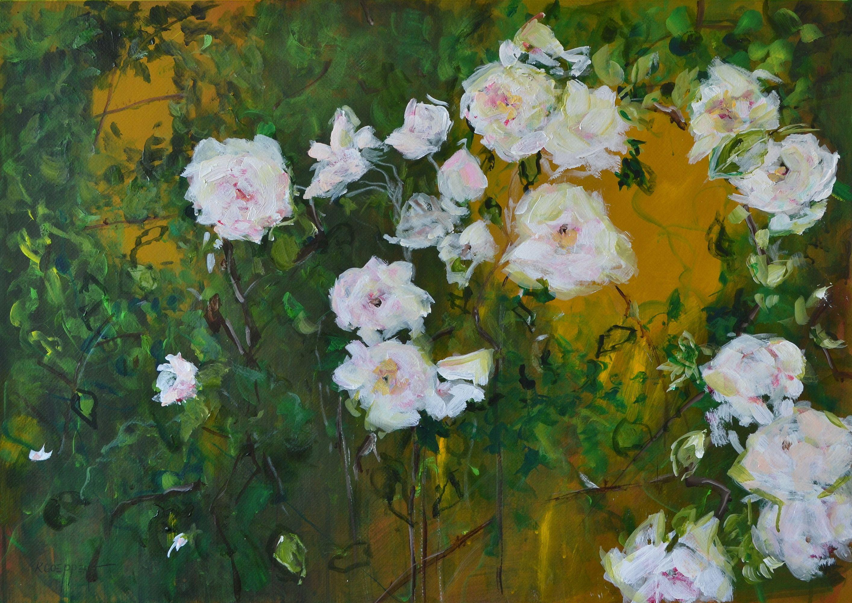 â€žRose Cottageâ€œ  is a middle-sized acrylic floral painting on heavy mat-board.  The main colors are yellow, white, green and a light pink. I worked with glazes and fine brush strokes.   The work needs a frame to be hung on the wall. The frame in
