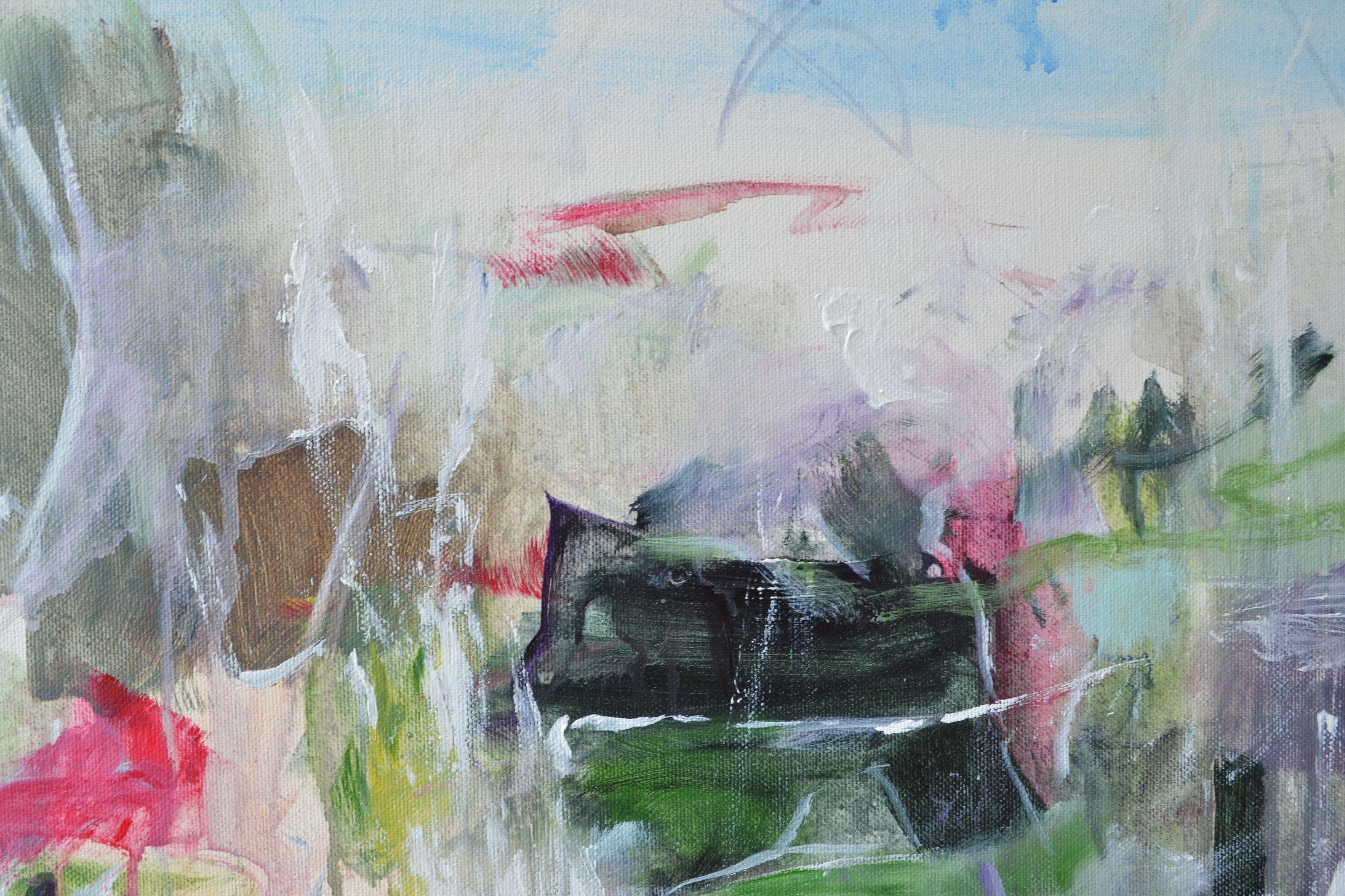 Scenario ist ein lebendiges, dynamisches Gemälde, das von einer Landschaft inspiriert ist. Es ist in einem abstrakten expressionistischen Stil gehalten. Das Gemälde ist auf einer tiefen Leinwand mit Acrylfarben gemalt. Die Seiten der Leinwand sind