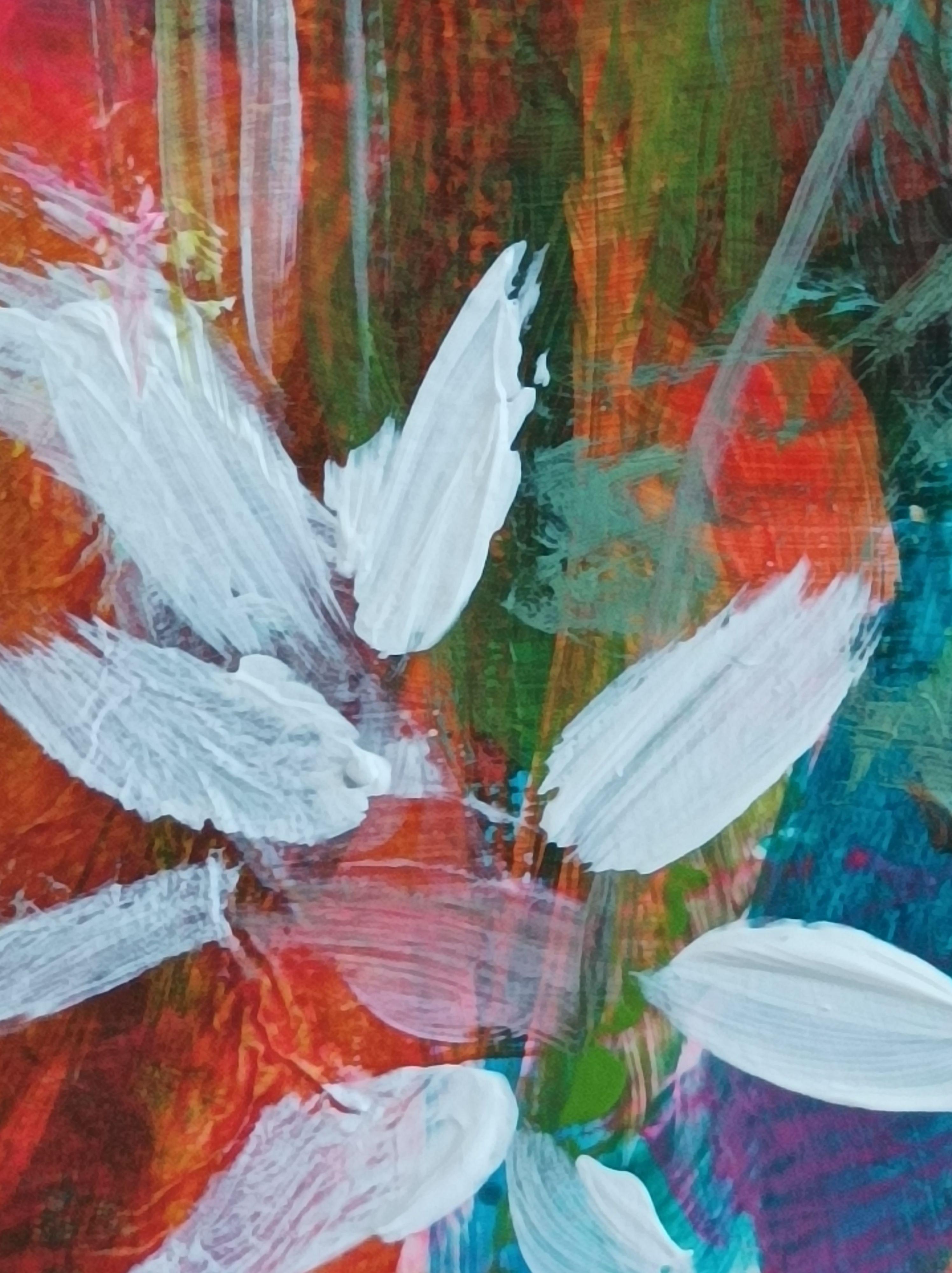 small artwork on cardboard. Ready to hang. This work is inspired by nature. It is playful and colourful, a floral abstract.  It's been done with acrylic paint and paper collage.    30 x 30 x 3 cm / 11.8 x 11.8 x 1.2 in :: Painting :: Abstract ::