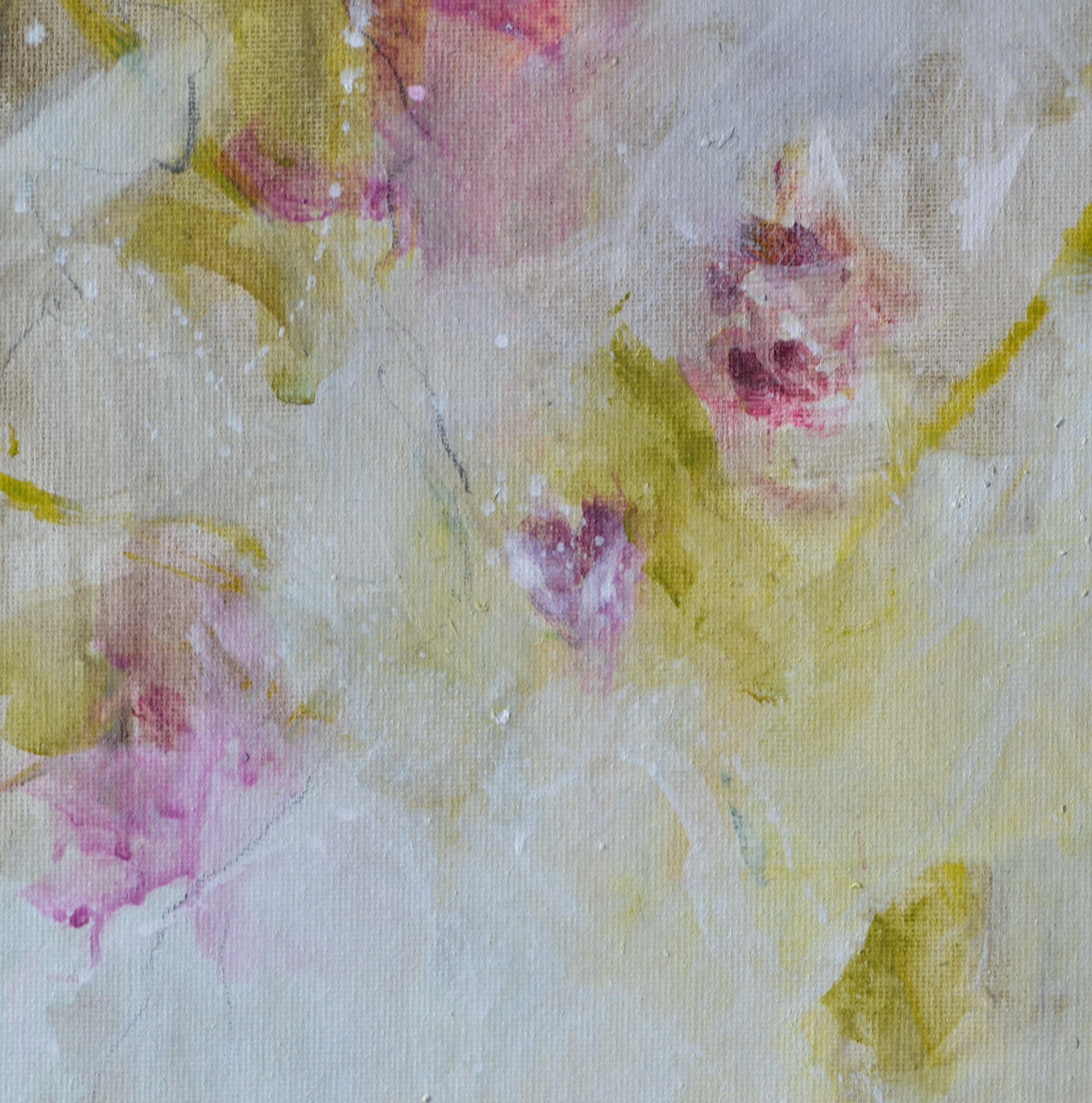 The Scribble Factor ist ein zartes Werk auf Leinwandkarton. Für mich erinnert es an Blumen, an die Natur.    Das Werk ist fertig zum Aufhängen - siehe dazu zusätzliche Fotos.     40 x 50 x 0,1 cm / 15,7 x 19,7 x 0,04 in :: Gemälde :: Abstrakt ::