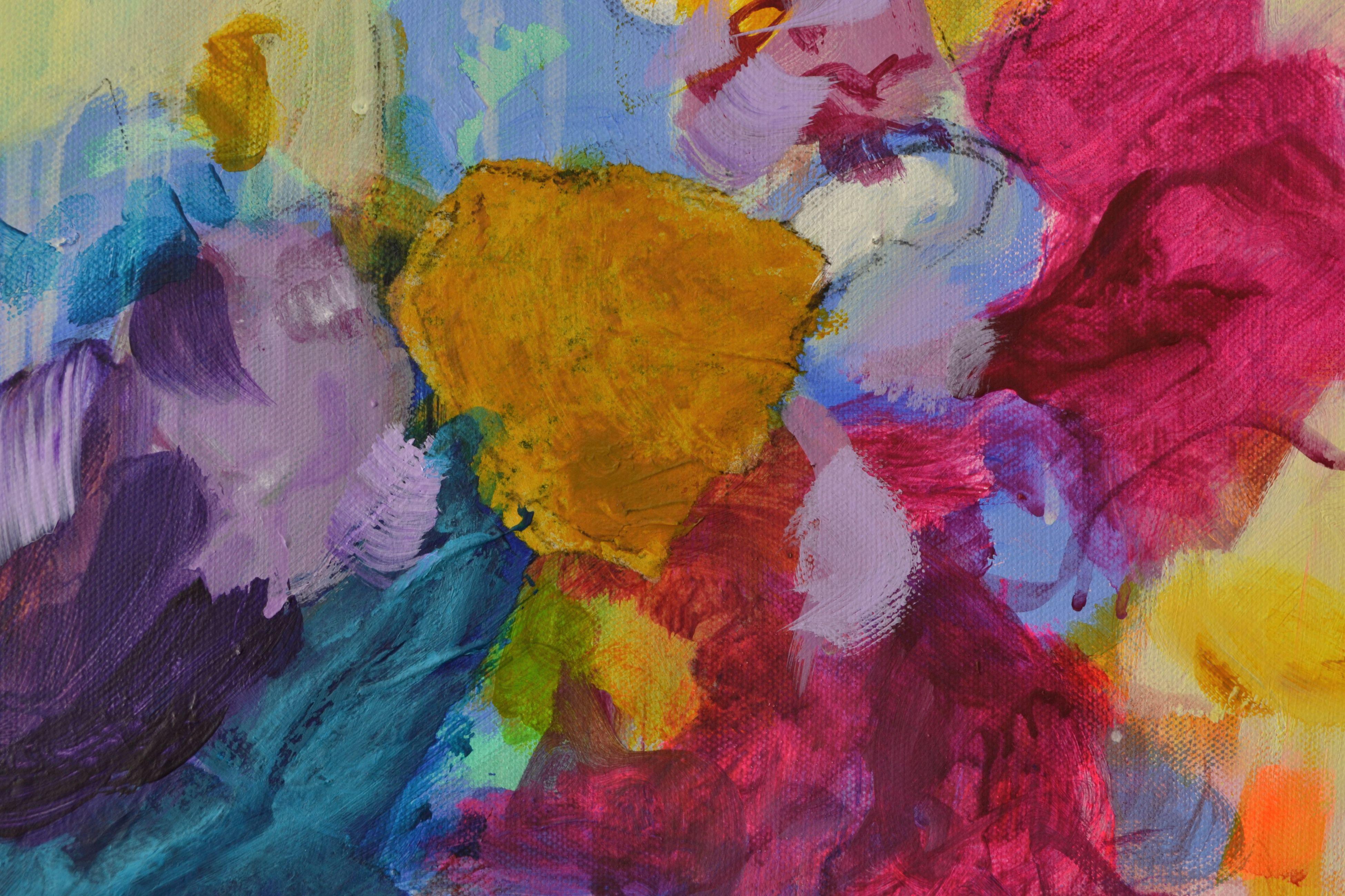 A floral abstract in the main colours of yellow, different lilacs and greens.    A work inspired by nature and spring.    I worked with artist quality acrylic colours, charcoal and elements of paper collage.  The sides of the work are painted in a