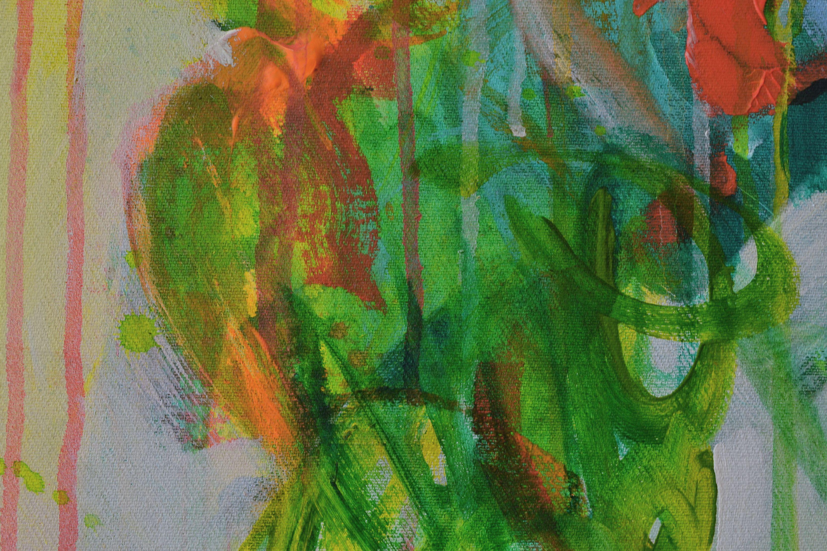 Flowers rendered in an expressive, abstract way.    Please note: The detail photographs are unfortunately a bit darker than in reality. I apologize for that.    This painting is sealed with a silky varnish.  The deep sides of the canvas are painted