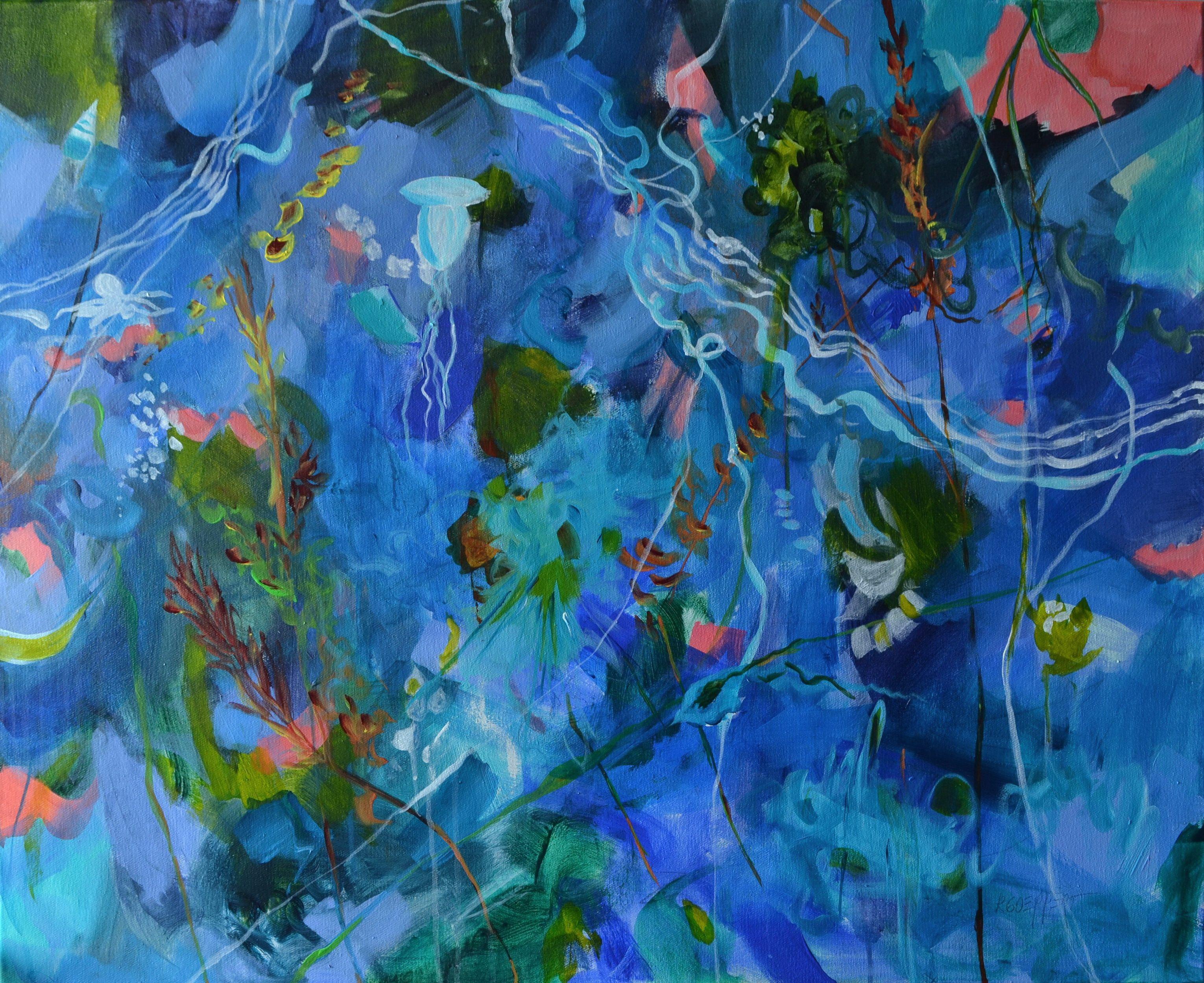 "Waterlinings" is an abstract underwater painting. There is much to discover in this artwork which was created light-heartedly and conveys zest for life. The work is painted expressively.  It is ready to hang, the sides of the gallery wrapped canvas