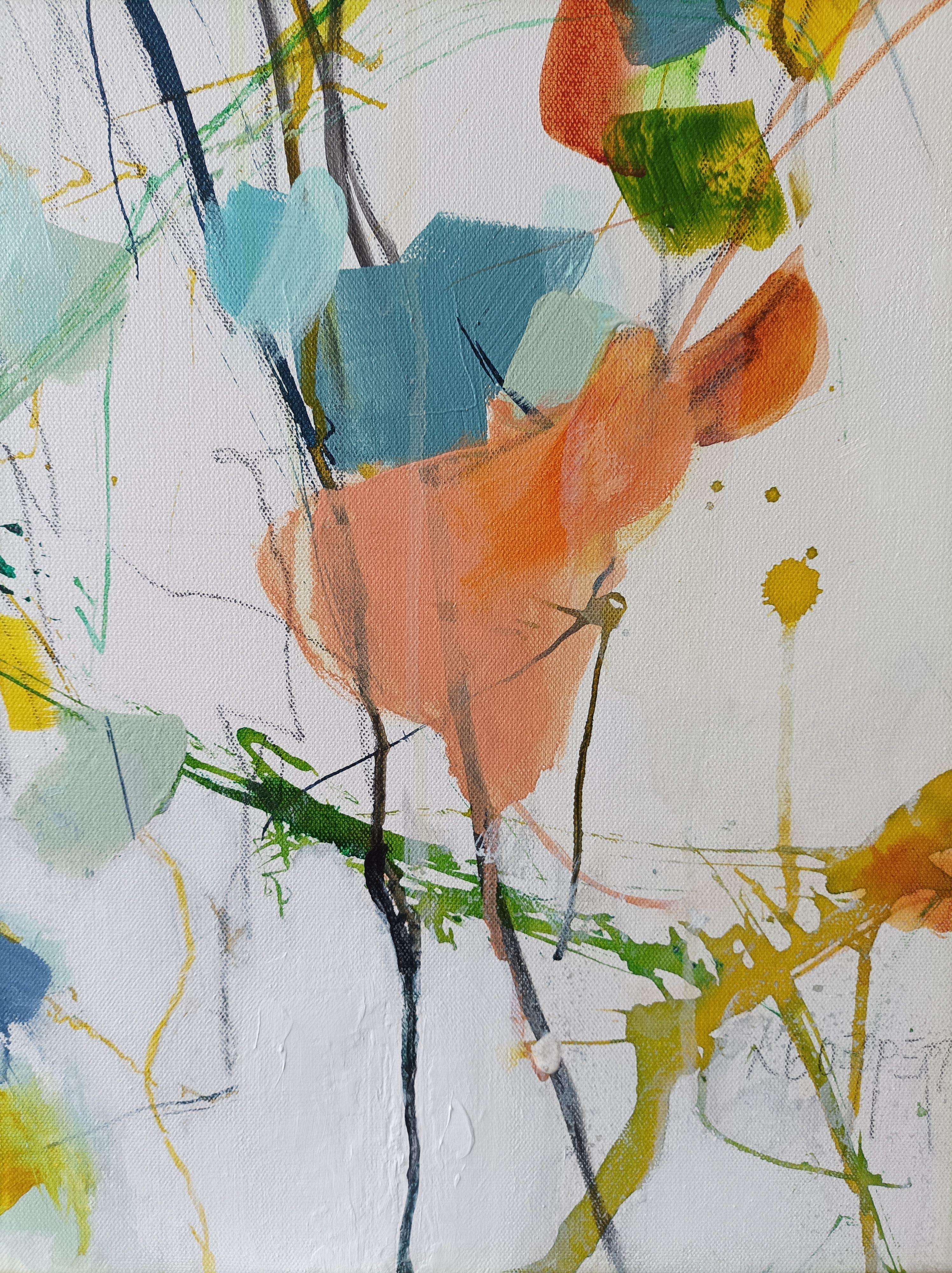 Wenn die Bladdln fliagn (Wenn die Blätter fliegen), Gemälde, Acryl auf Leinwand – Painting von Karin Goeppert