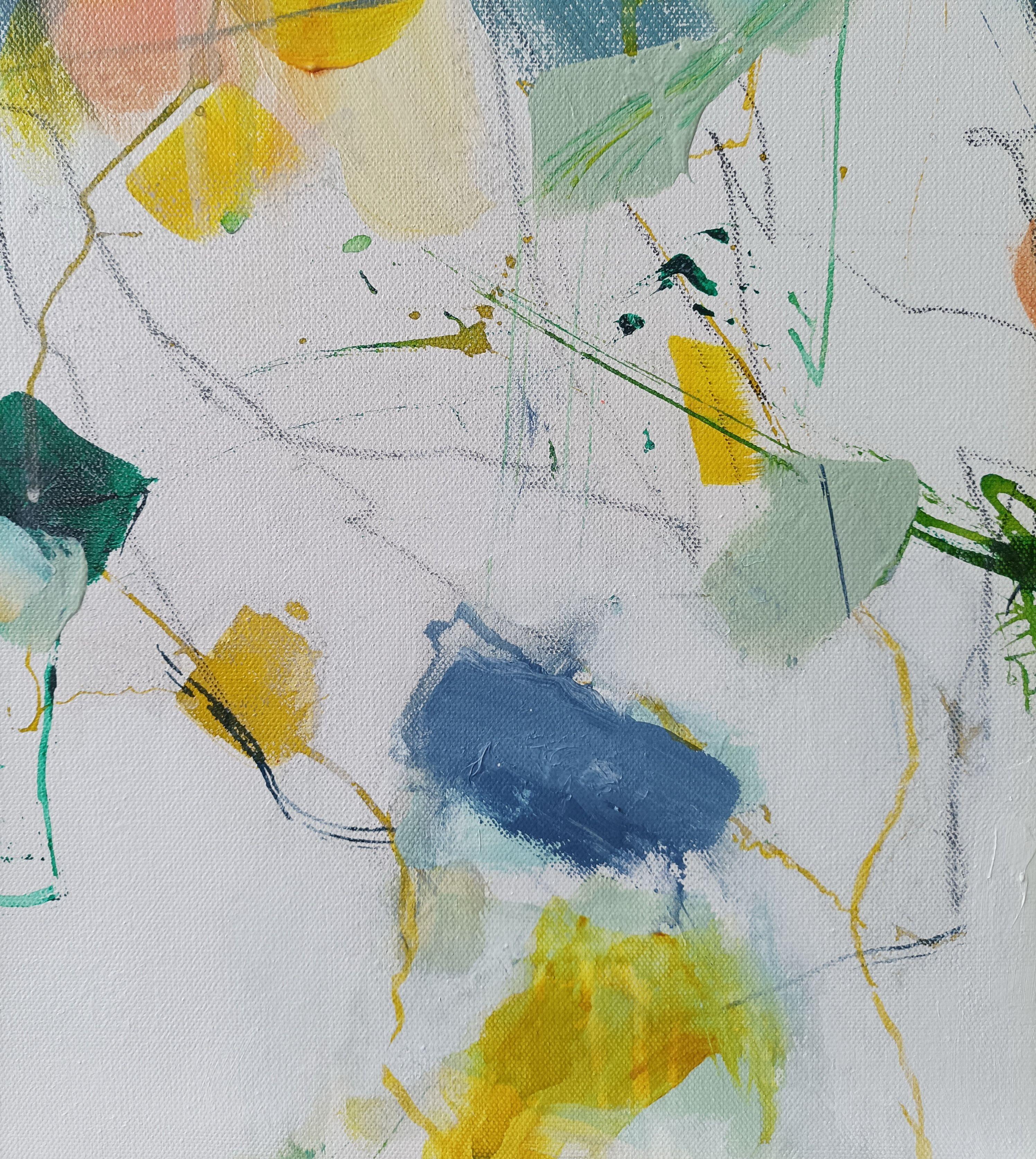   Ein fröhliches, helles Kunstwerk, das an fliegende Blätter erinnert.  Warme Farben spielen mit kühlen Farben und haben eine etwas raue Oberfläche.  Ein abstraktes Werk mit Linien und Kritzeleien auf weißem Hintergrund.    Dieses Werk wurde an