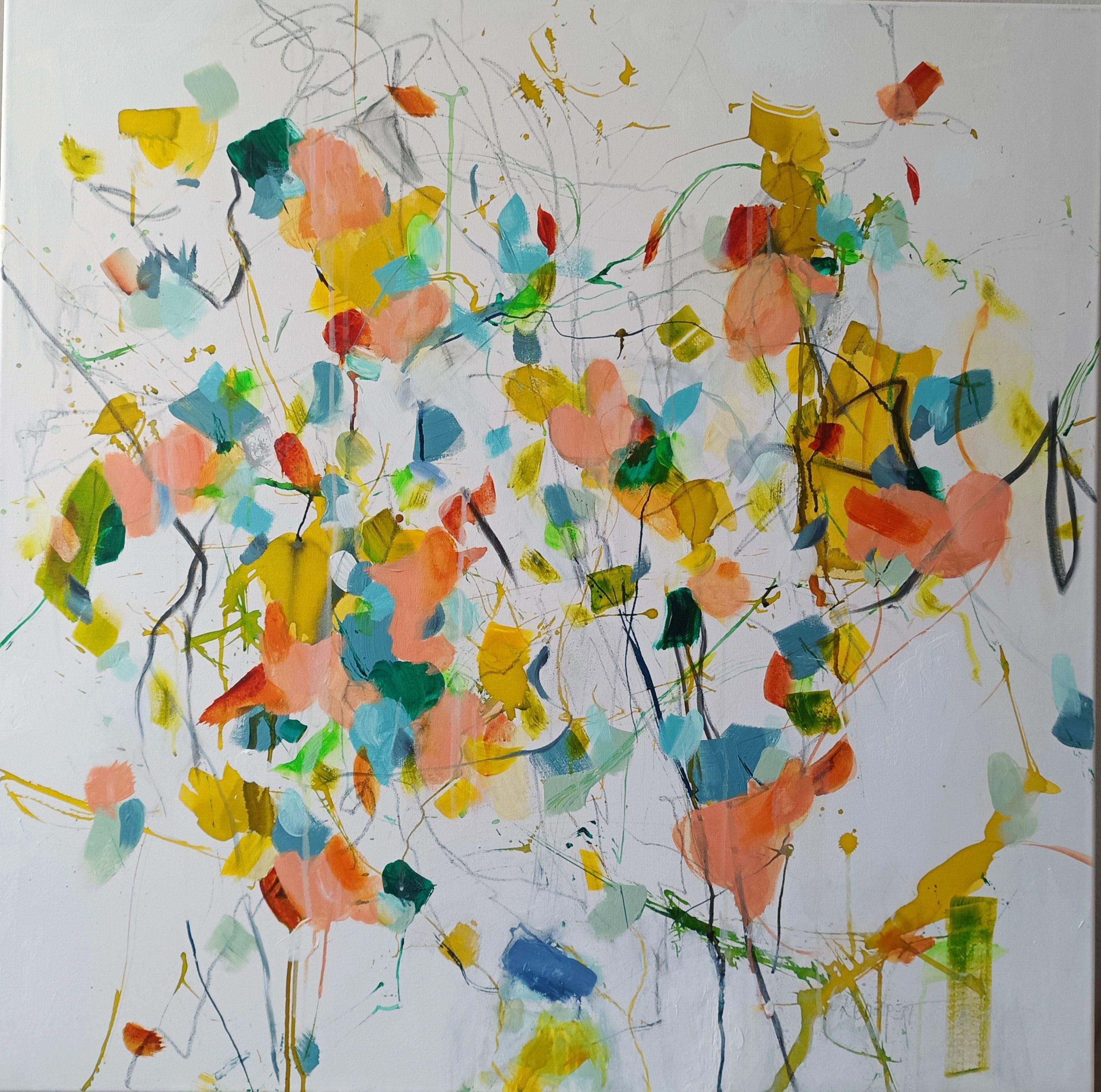 Karin Goeppert Abstract Painting – Wenn die Bladdln fliagn (Wenn die Blätter fliegen), Gemälde, Acryl auf Leinwand