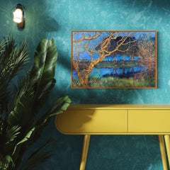 Peinture à l'huile « Into the Woods - Ghost Hour », paysage botanique bleu et vert