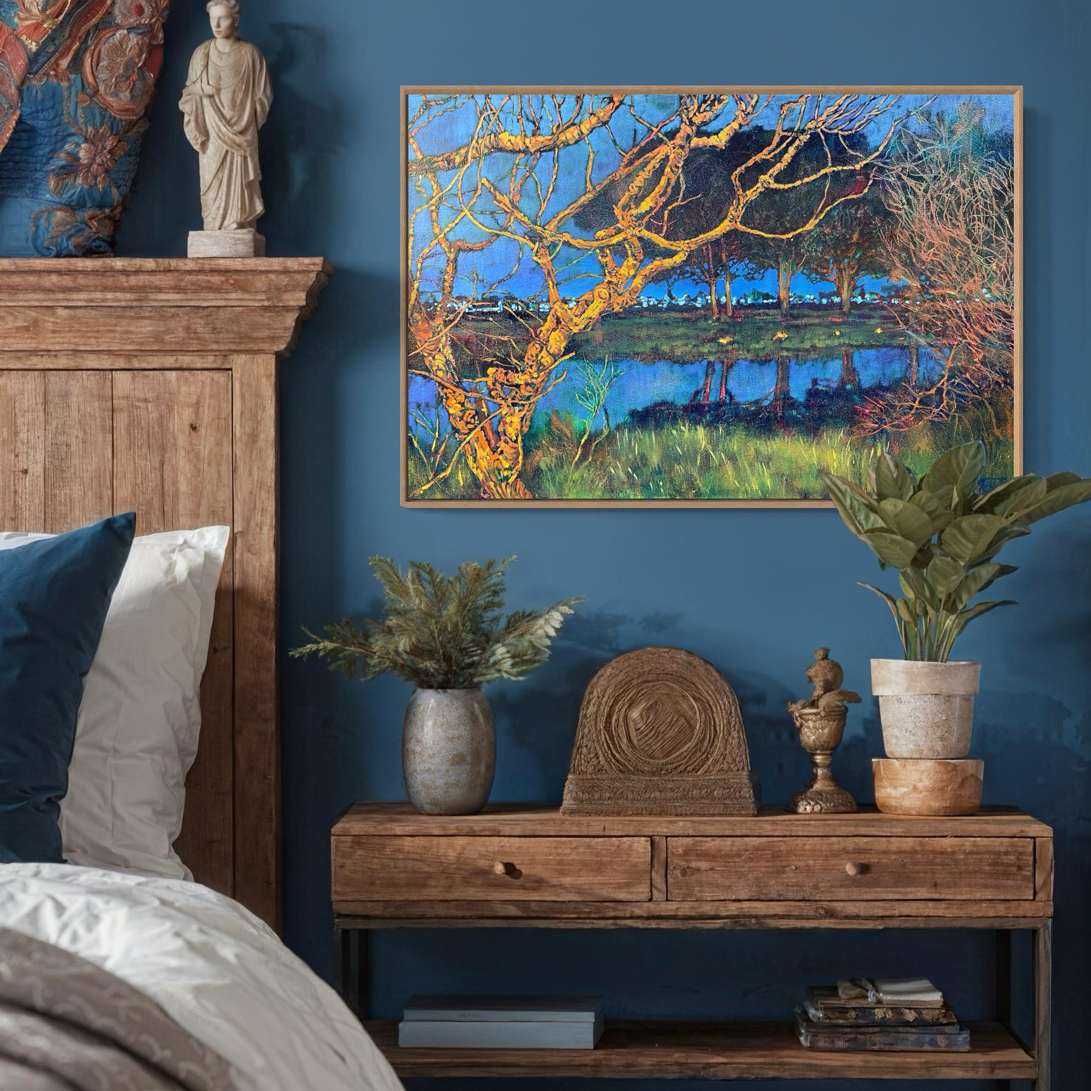 Blue & Green Botanical Landscape Oil Painting 