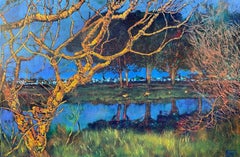 Blue & Green Botanical Landscape Oil Painting "Into the Woods - Ghost Hour"