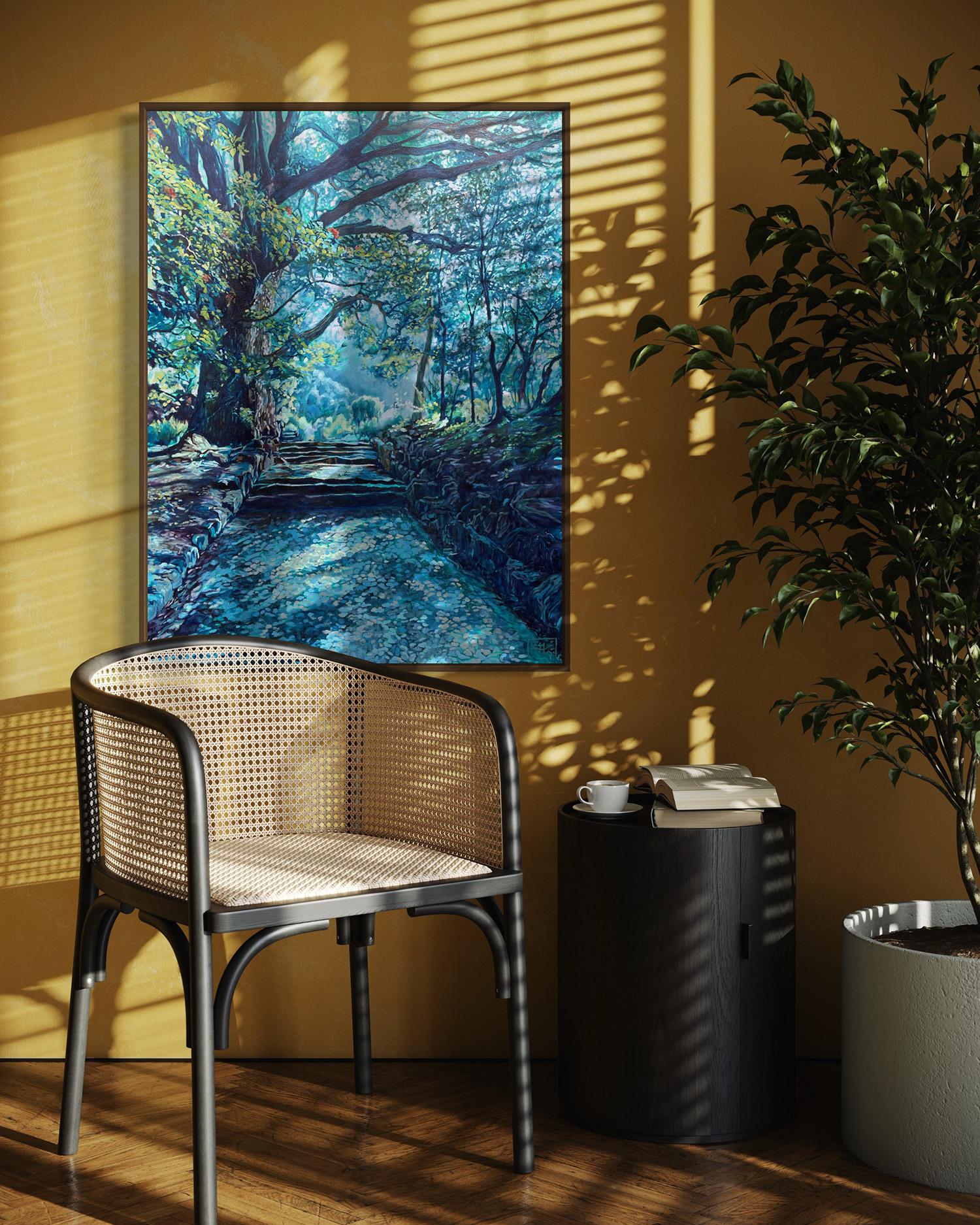Pittura ad olio blu di studio del paesaggio forestale 