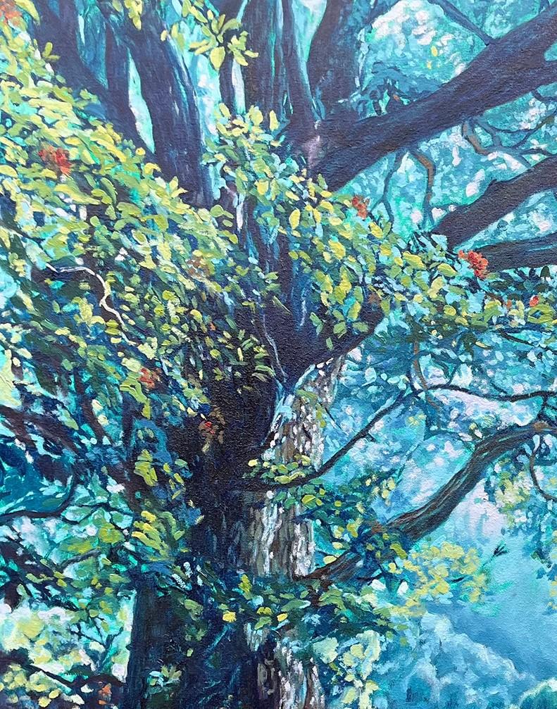 Pittura ad olio blu di studio del paesaggio forestale 