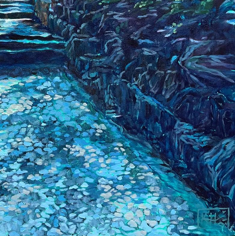 Pittura ad olio blu di studio del paesaggio forestale 