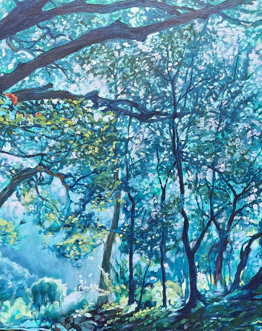 Un dipinto a olio di medie dimensioni su tela tesa, pronto da appendere. Un paesaggio mistico in diverse tonalità di blu, incorniciato da una cornice d'ombra azzurra.

Quando l'artista ha attraversato un nuovo passaggio della sua vita, questi