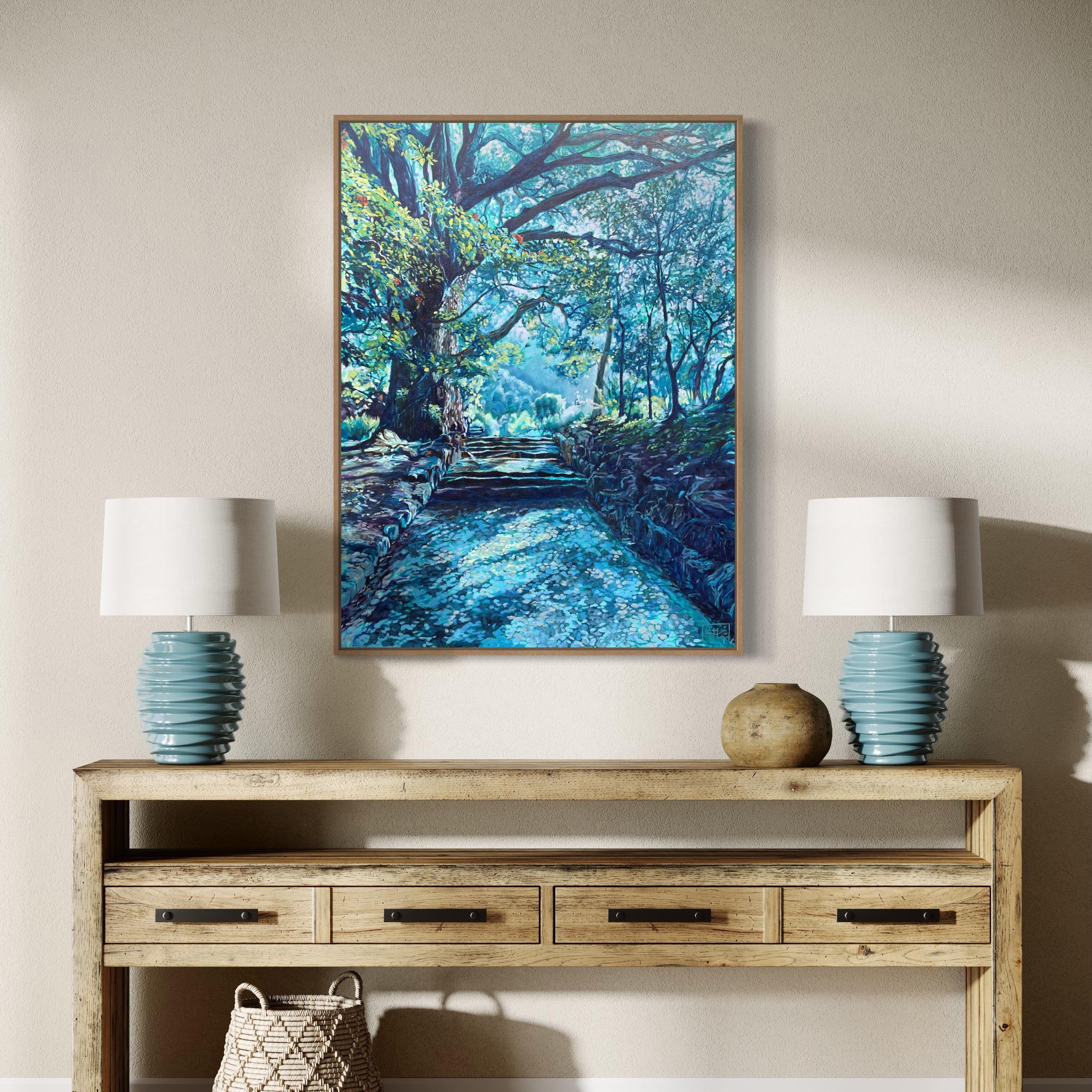 Pittura ad olio blu di studio del paesaggio forestale 