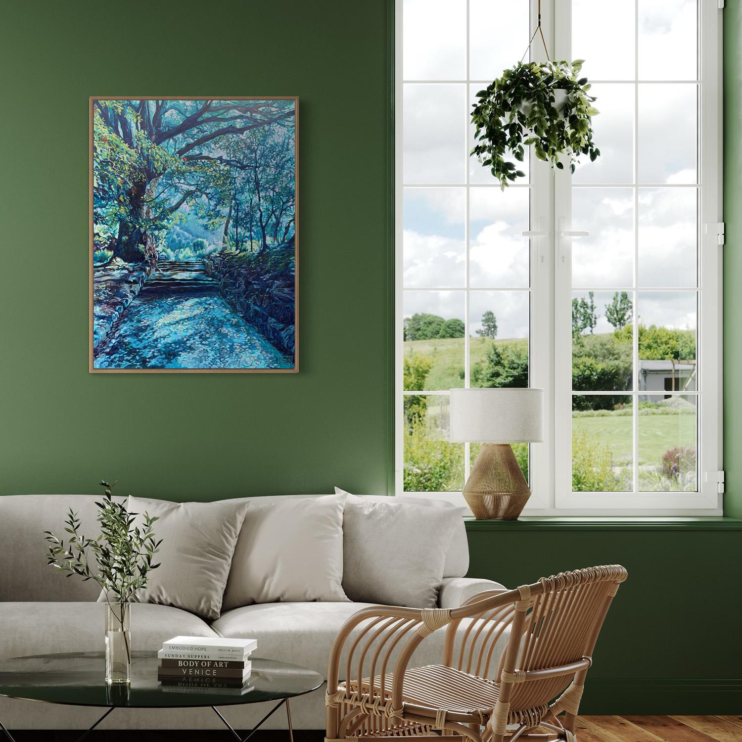 Pittura ad olio blu di studio del paesaggio forestale 