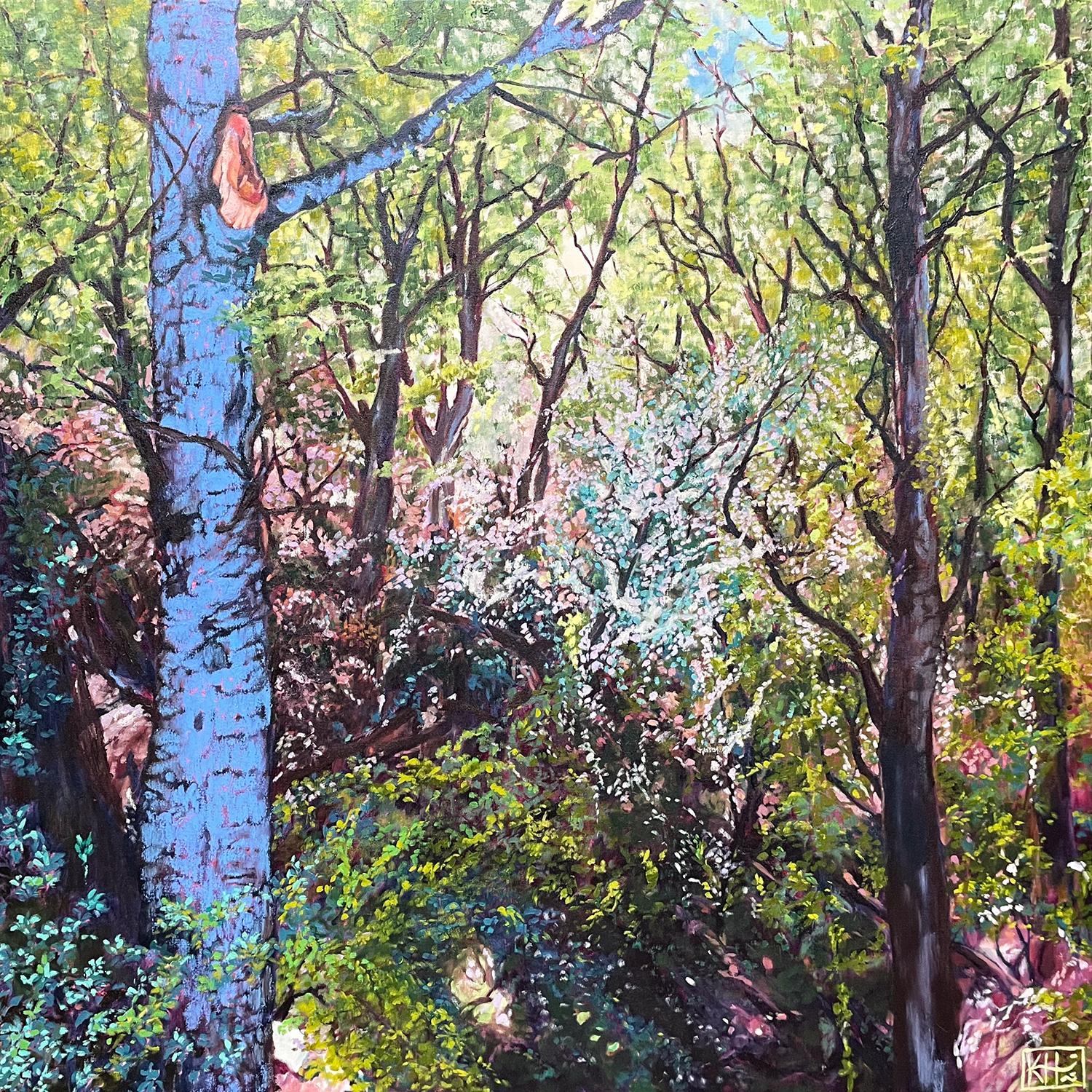 Landscape Painting di Karin Hopkinson - Green & Blue Landscape Forest Study Oil Painting "Into the Woods - Thabo M"