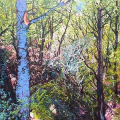 Paysage vert & bleu étude de forêt peinture à l'huile "Into the Woods - M-One I"