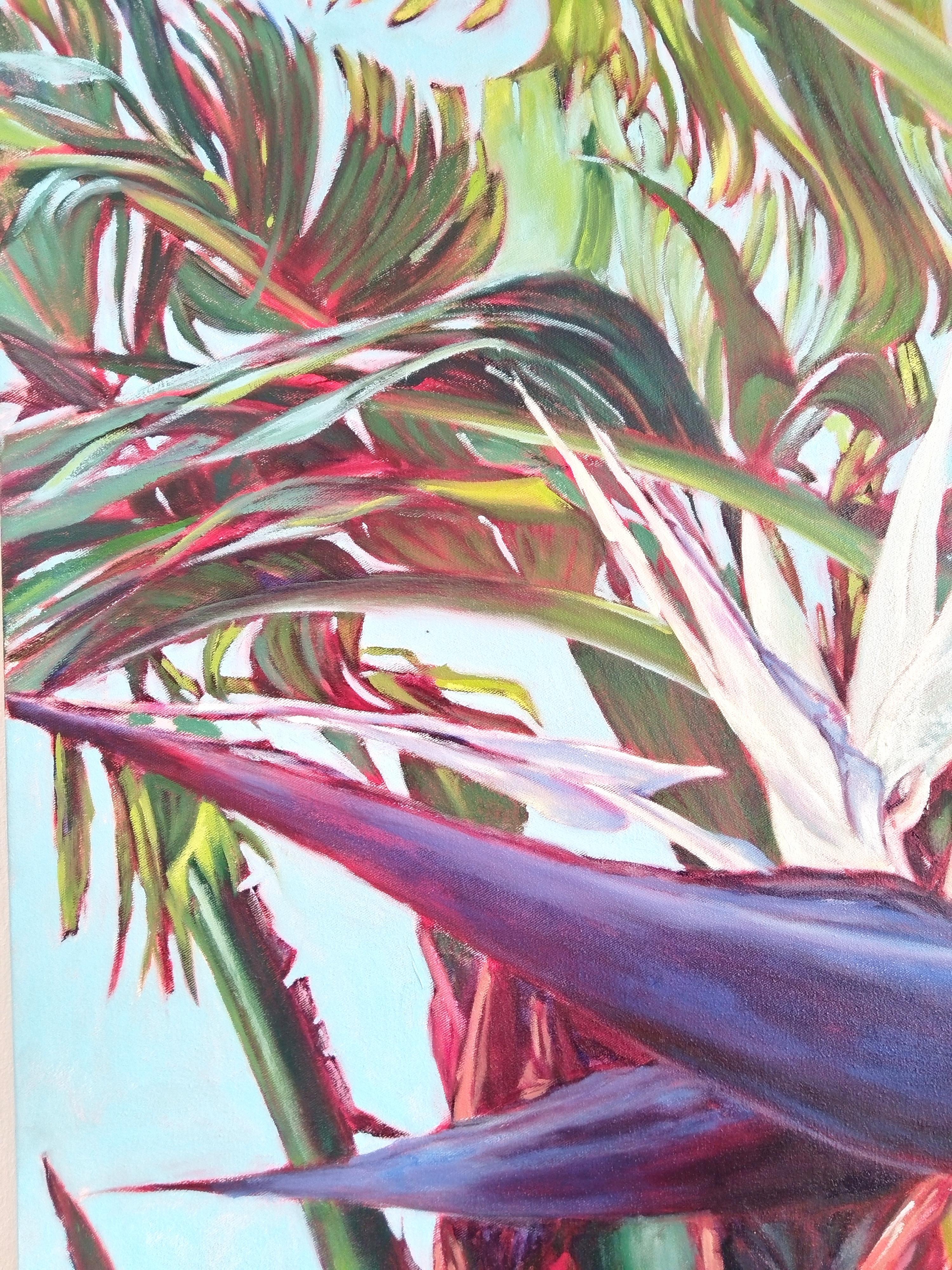 Ein großes, einzigartiges Ölgemälde auf gespannter Leinwand, fertig zum Aufhängen. Das Kunstwerk zeigt tropische Pflanzen in Nahaufnahme in schönen und satten Farben.
Einrahmungsoptionen sind auf Anfrage erhältlich