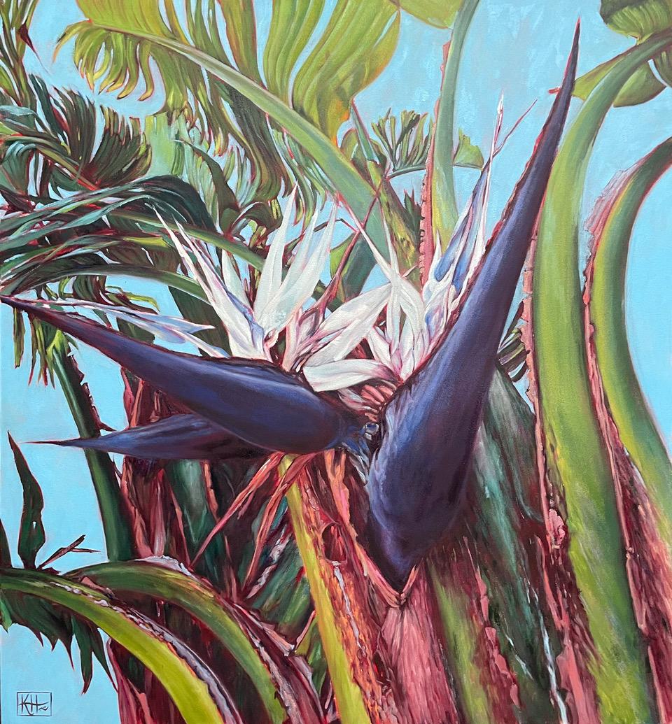 Karin Hopkinson Landscape Painting – Großes botanisches Ölgemälde „Ikhamanga-XII – Vögel des Paradieses“, Ölgemälde