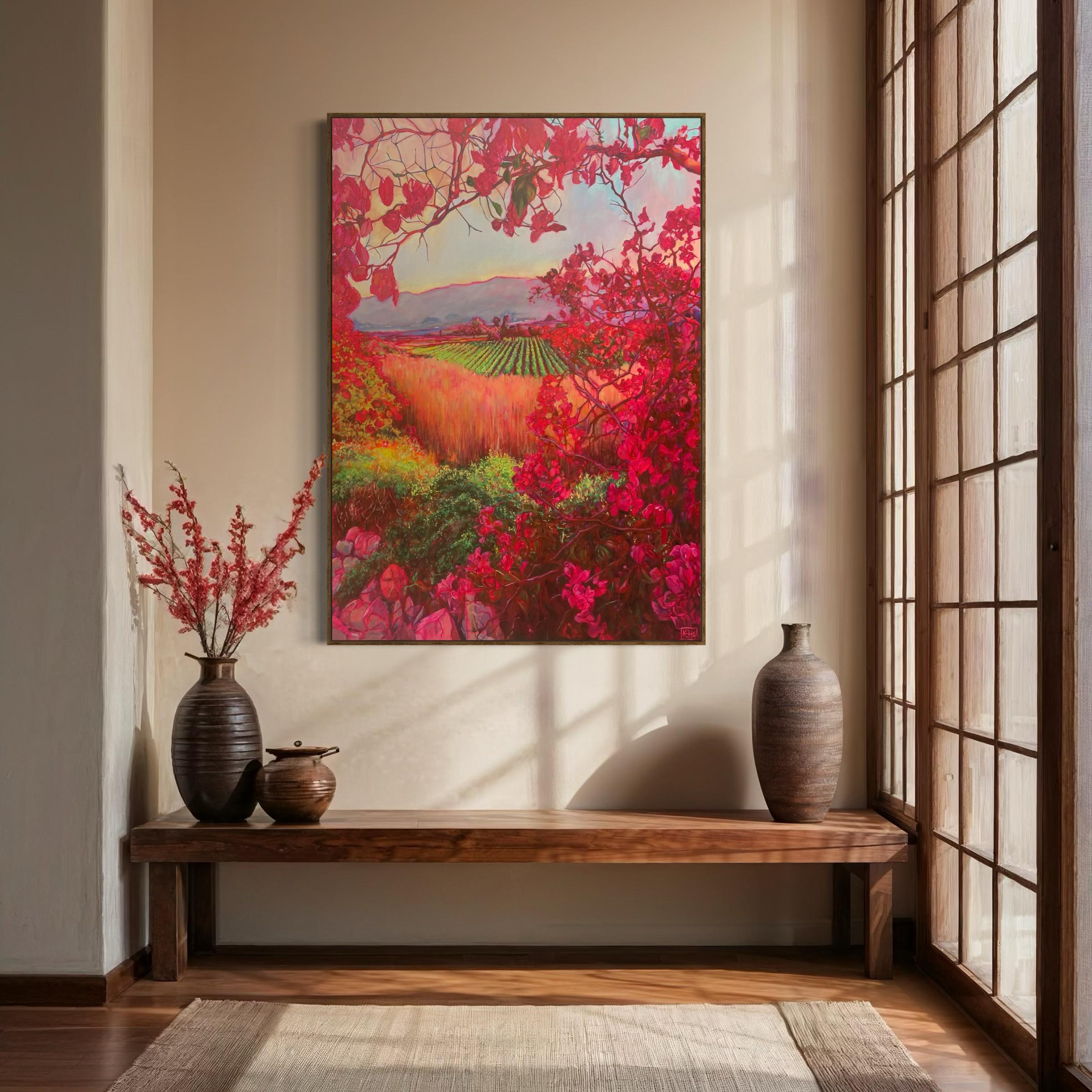 Grande pittura ad olio di studio botanico rosa 
