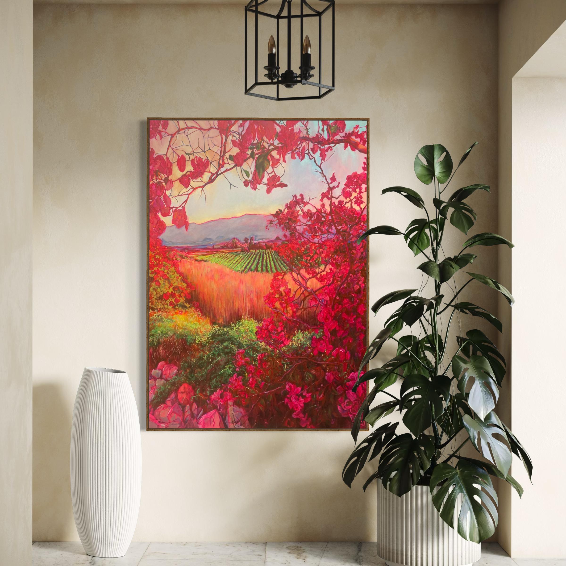Grande pittura ad olio di studio botanico rosa 