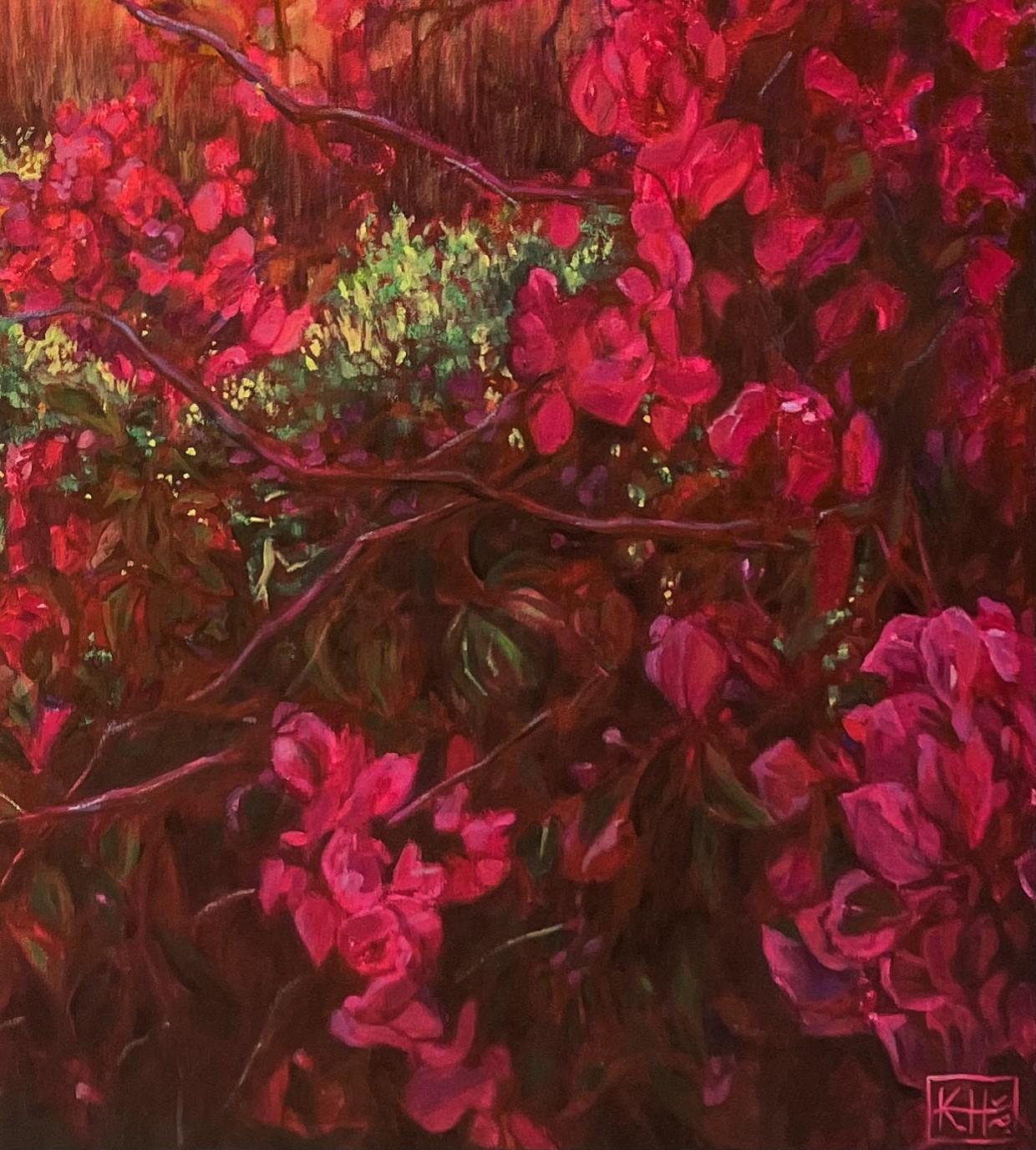 Un dipinto a olio di grande formato e unico su tela tesa, pronto da appendere. Le opere d'arte raffigurano gli alberi degli Uccelli del Paradiso o Ikhamanga. Questi vecchi alberi Ikhamanga provengono da un giardino di St Francis Bay, in