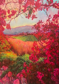 Large Pink Botanical Study Landscape Oil Painting "Winelands"