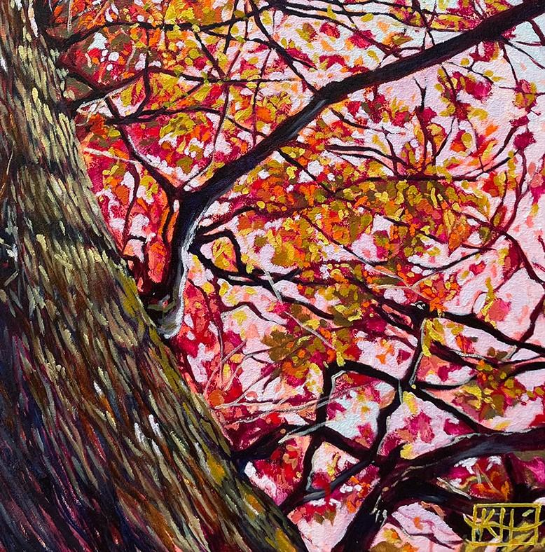 A medium sized, unique oil painting on stretched canvas, ready to hang. The artwork depicts a tree with amber leaves from below, with deep and rich colours.
Framing options are available on request.