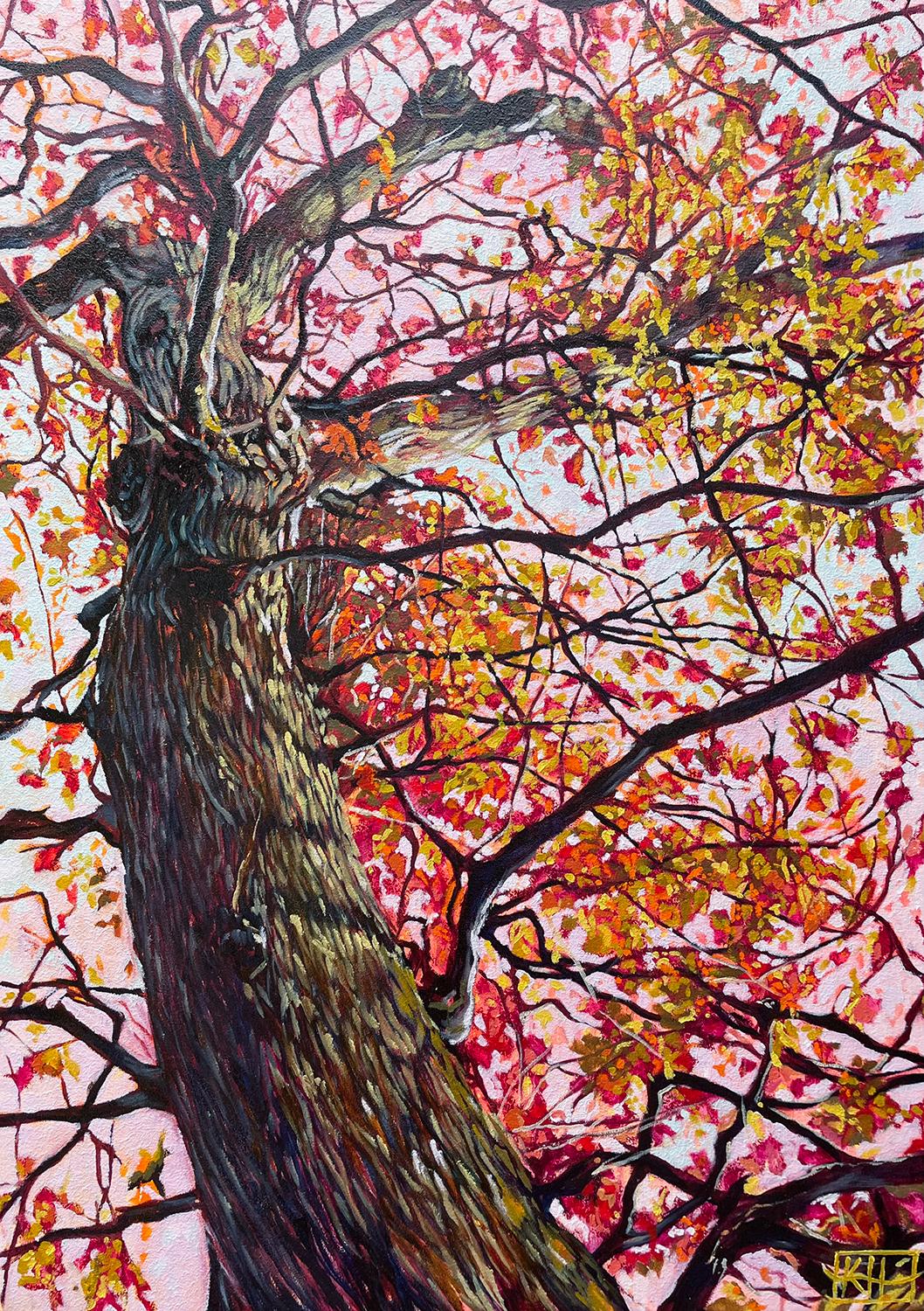 Pittura ad olio con studio botanico rosa "Into the Wood - Amber Season" (Nel bosco - Stagione dell'ambra)
