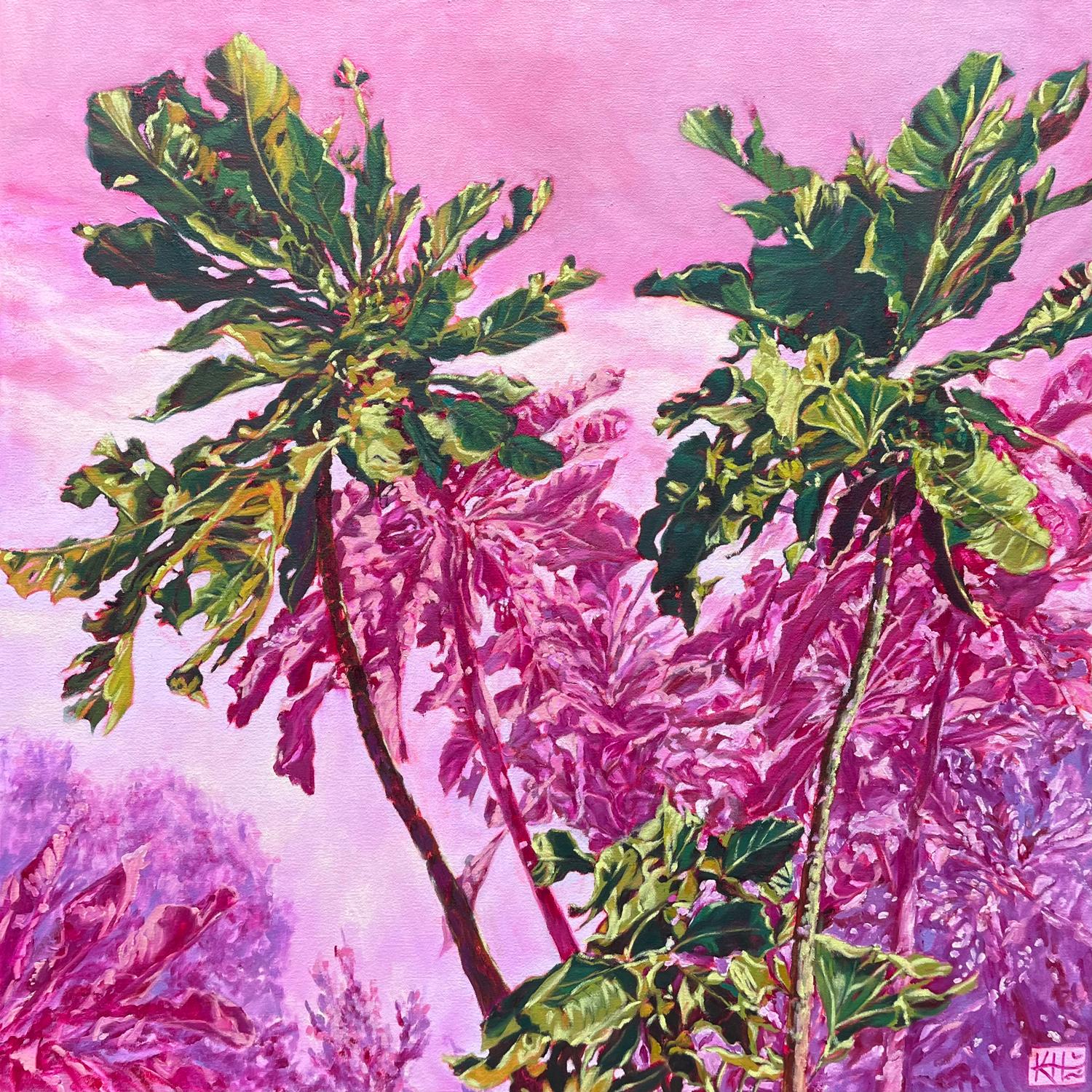 Pintura al óleo rosa de estudio botánico "En el bosque - Fiebre forestal"