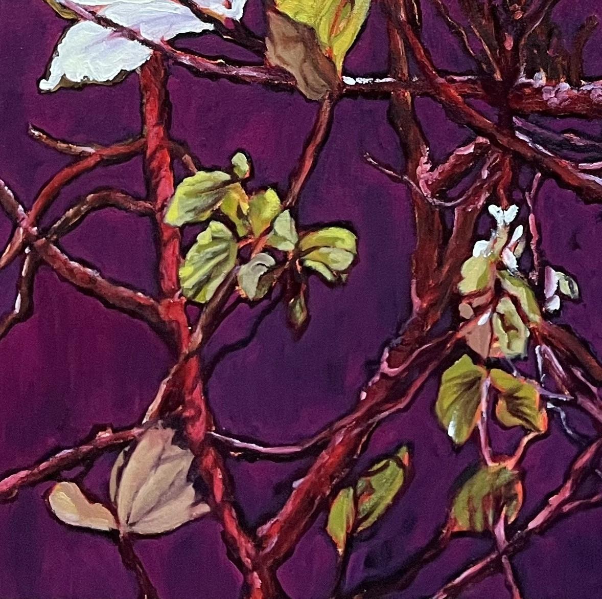 Ein mittelgroßes, einzigartiges Ölgemälde auf gespannter Leinwand, fertig zum Aufhängen. Tiefes und sattes Purpur und senfgelbe Farben mit weißen Blüten.
Einrahmungsoptionen sind auf Anfrage erhältlich.