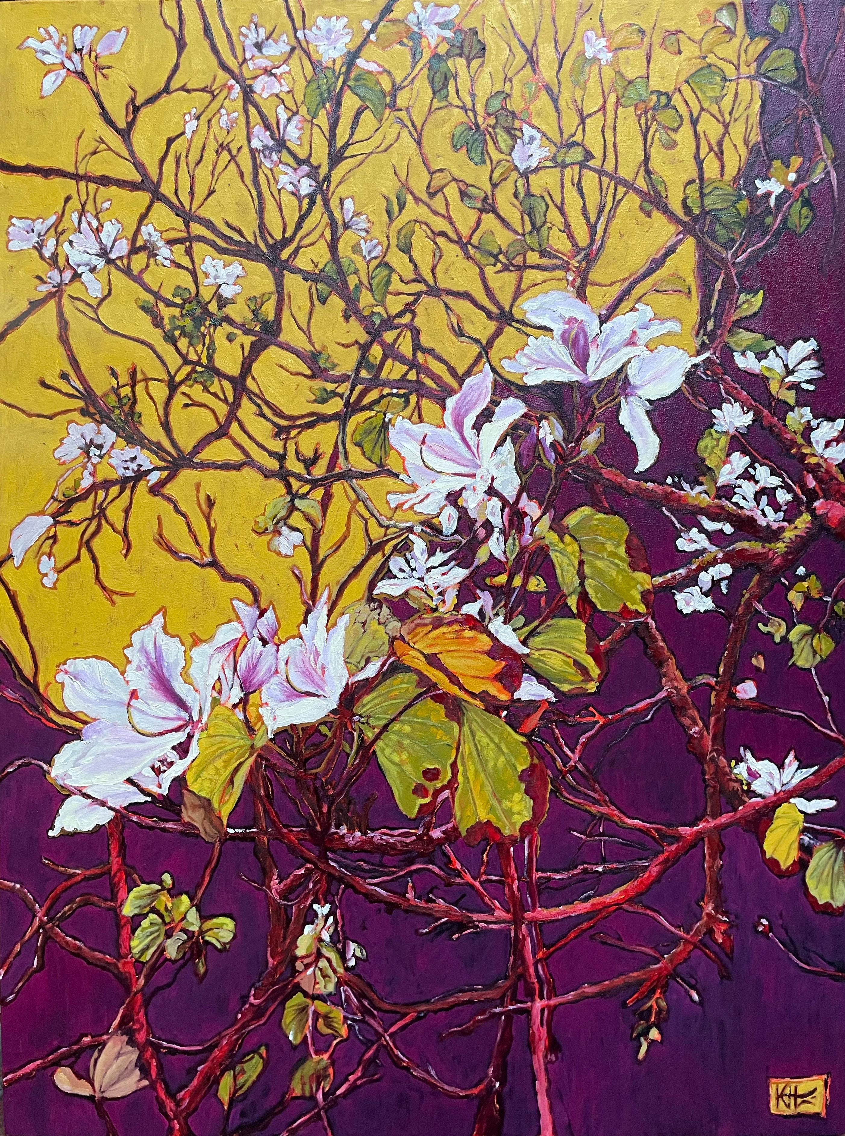 Pintura al óleo de estudio botánico morada y amarilla "Luz al final"