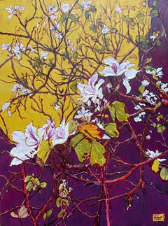 Pittura ad olio di studio botanico viola e giallo "La luce alla fine