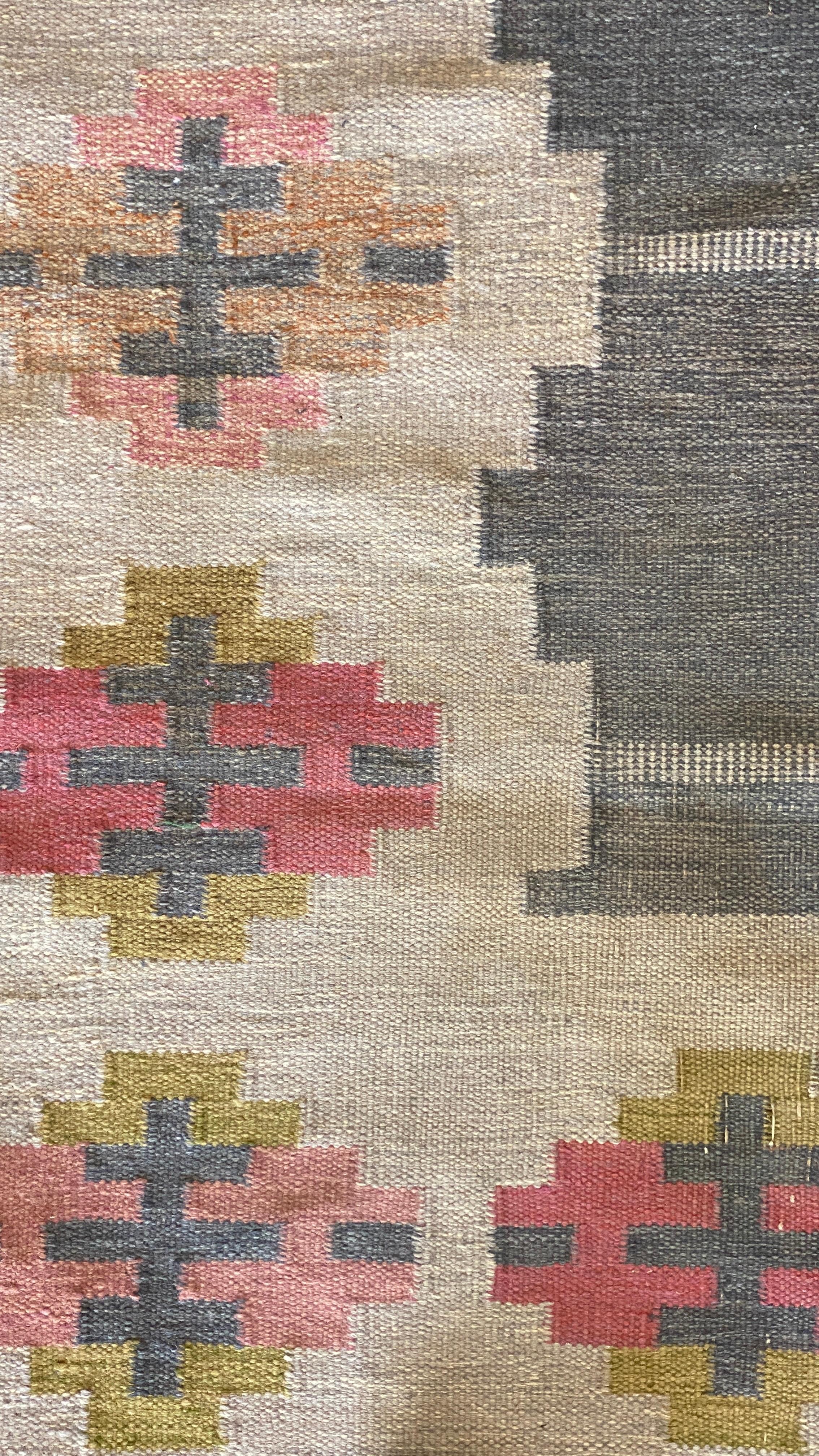 A handwoven modernist flat-weave carpet / rug by Karin Jönsson. Most likely woven in the 1950s. Handwoven in wool, using a Kilim technique. Signed. 

Follows a lineage of Modernist rugs produced in Sweden throughout the 20th century. Other artists