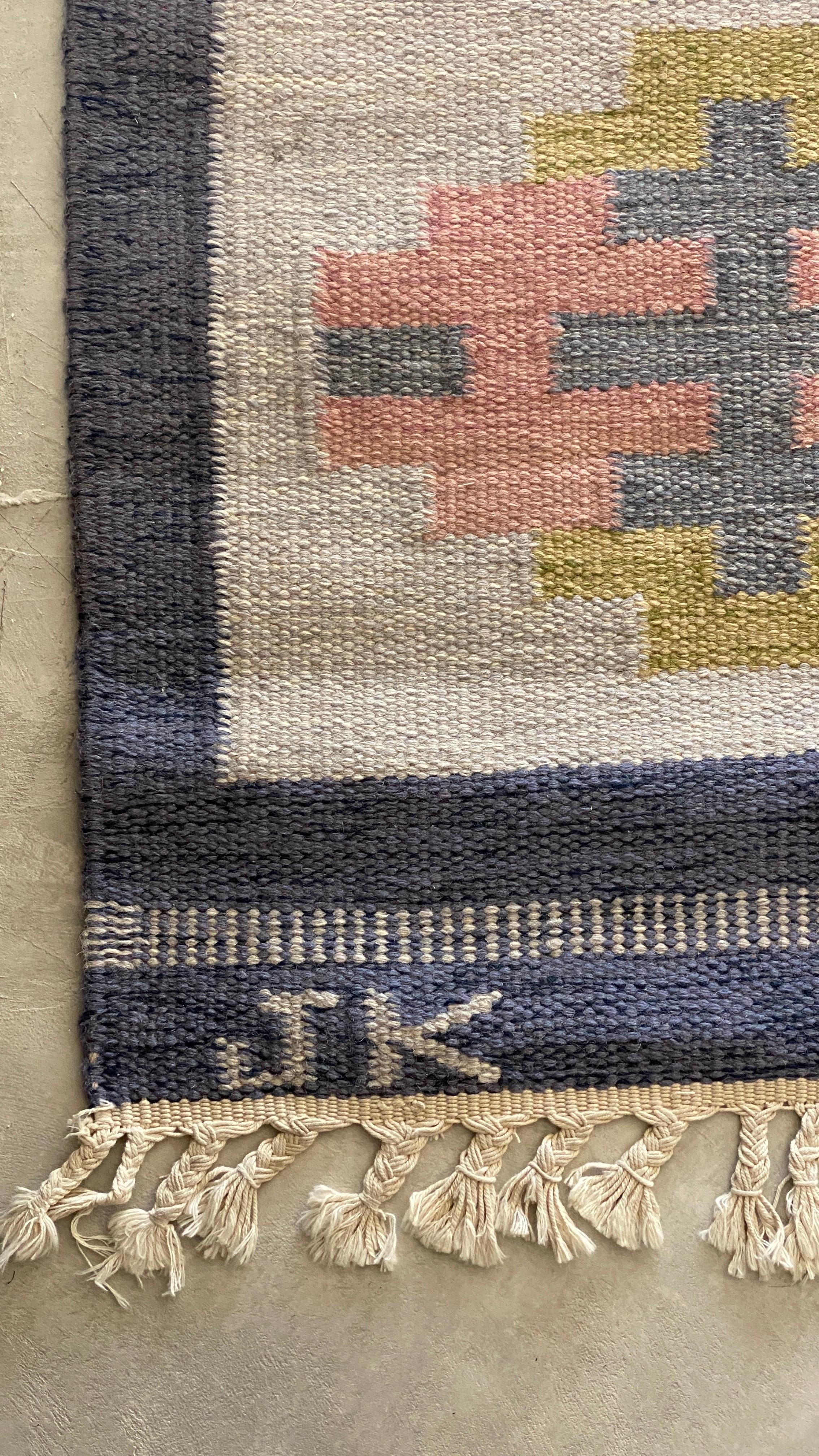 Swedish Karin Jönsson, Signed Flat-Weave Carpet, Dyed Wool, Sweden, 1950s For Sale
