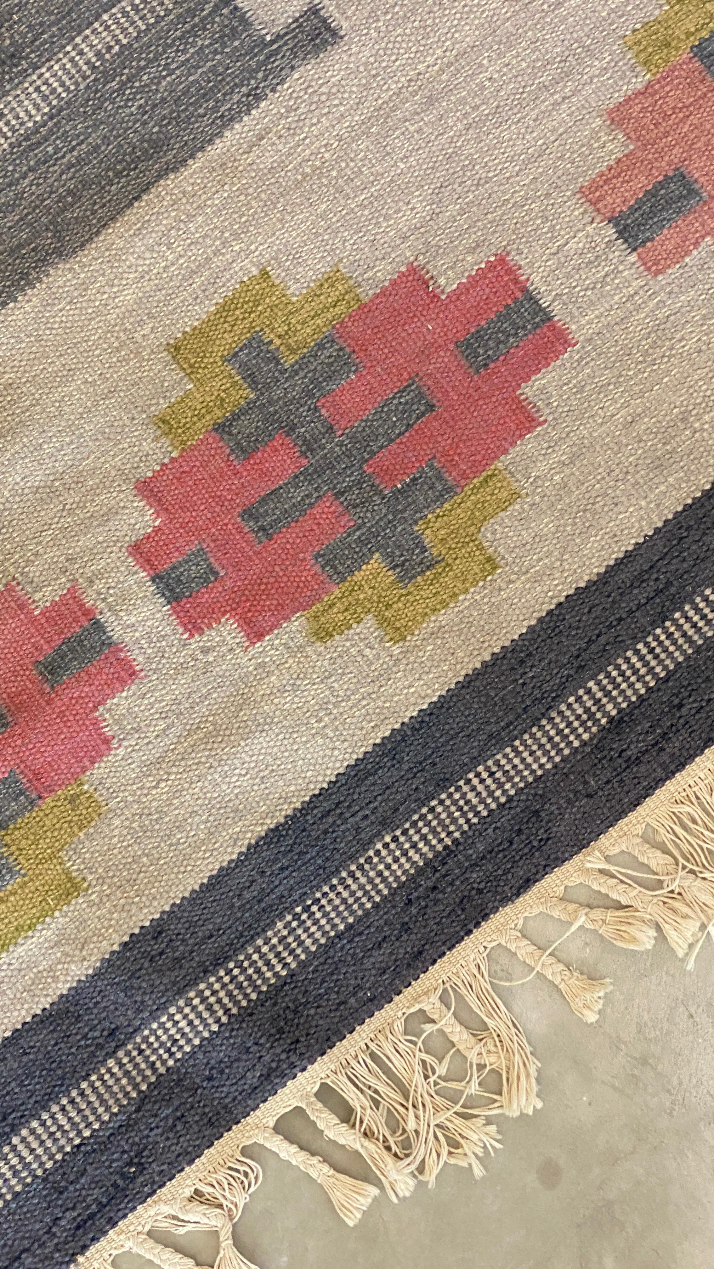Mid-20th Century Karin Jönsson, Signed Flat-Weave Carpet, Dyed Wool, Sweden, 1950s For Sale