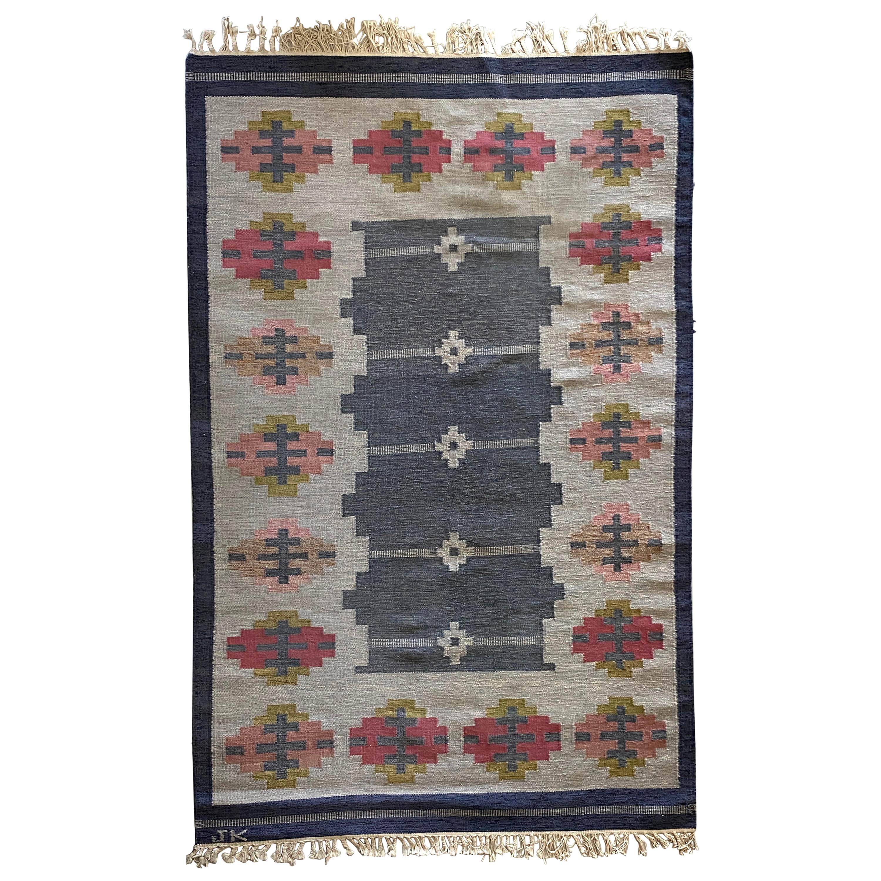 Karin Jönsson, Signed Flat-Weave Carpet, Dyed Wool, Sweden, 1950s