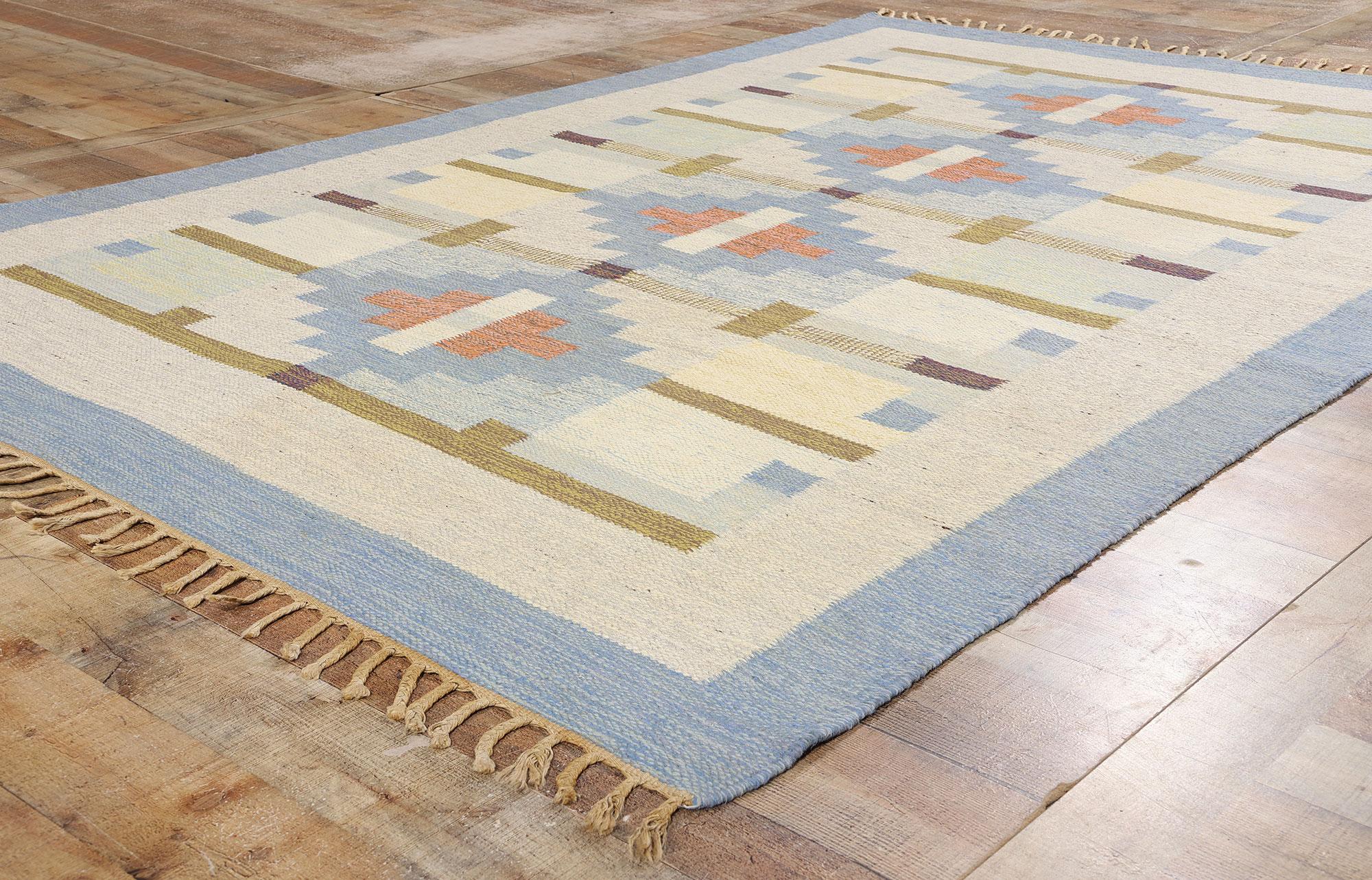 Laine Karin Jonsson Vintage Swedish Blue Scandinavian Röllakan Rug en vente