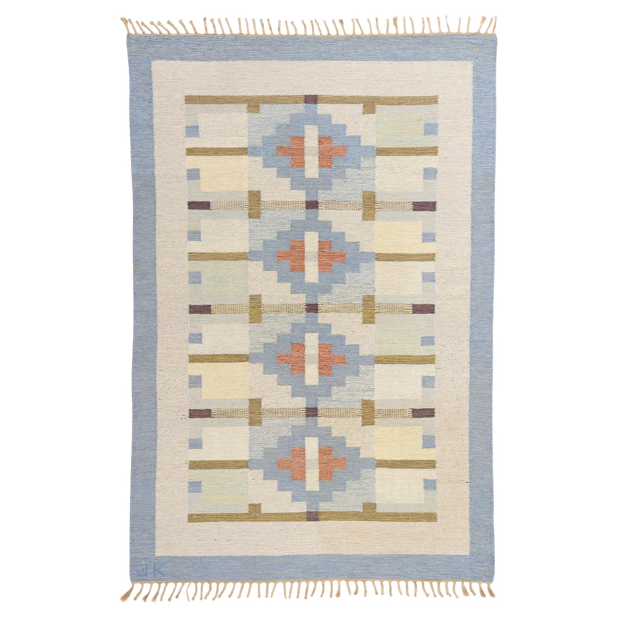 Karin Jonsson Vintage Swedish Blue Scandinavian Röllakan Rug