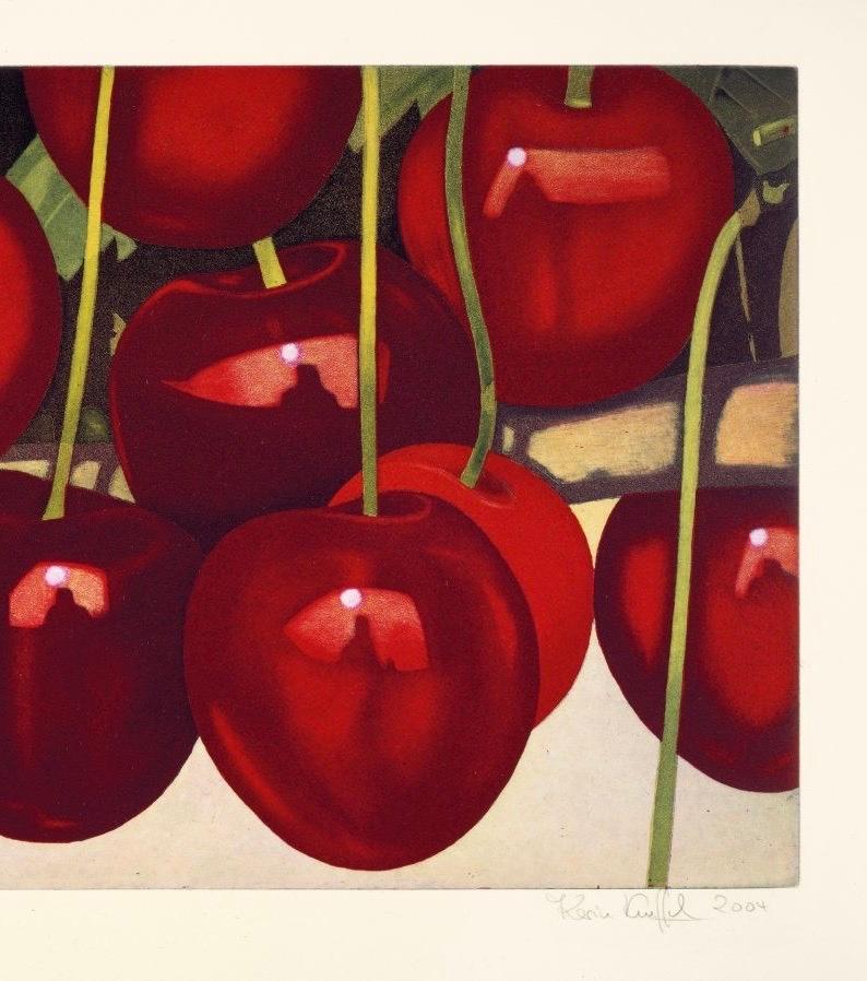 untitled, cherries, 2004 etching on hand-made paper, photorealistic - Red Print by Karin Kneffel