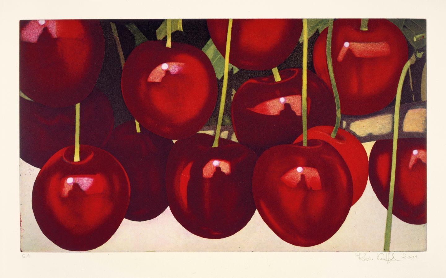 Karin Kneffel Print - untitled, cherries, 2004 etching on hand-made paper, photorealistic