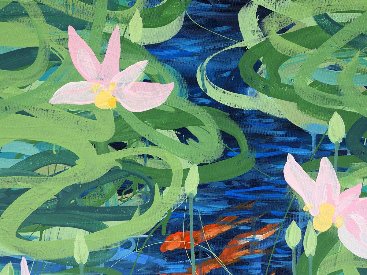 Lillies and Fish :: Painting :: Abstract :: This piece comes with an official certificate of authenticity signed by the artist :: Ready to Hang: Yes :: Signed: Yes :: Signature Location: bottom right  :: Canvas :: Landscape :: Original :: Framed: