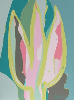 Tulip Mania n°13 rose et sarcelle, peinture, acrylique sur toile
